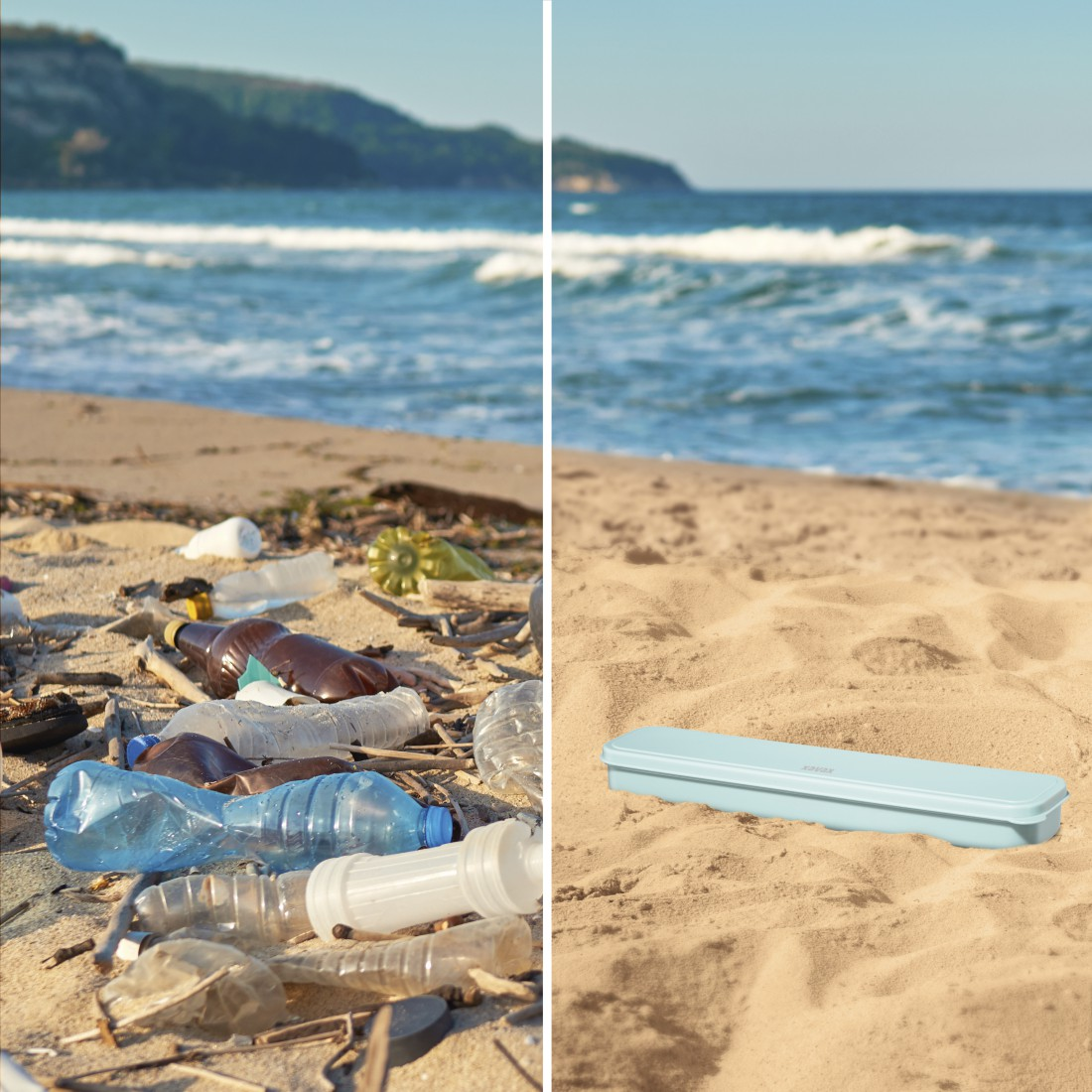 Scène de plage avec des déchets et une zone propre. À gauche, des déchets et des bouteilles. À droite, un conteneur bleu.