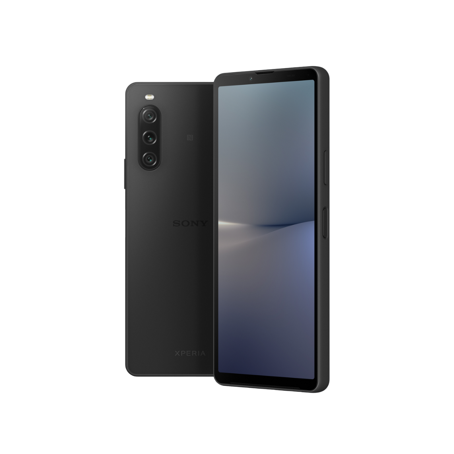 Zwarte Sony Xperia smartphone. Het heeft drie camera's achteraan. Voorkant toont een display.