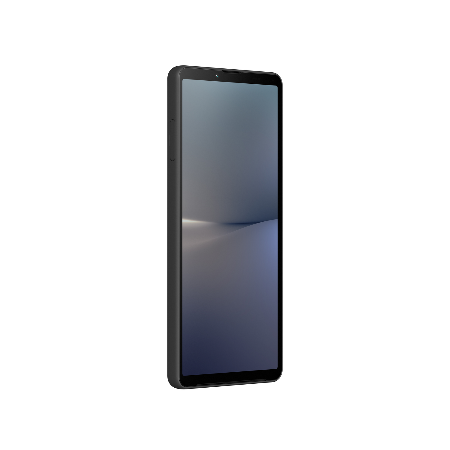 Een zwarte smartphone, in zijaanzicht, op een witte achtergrond. Het scherm staat aan.