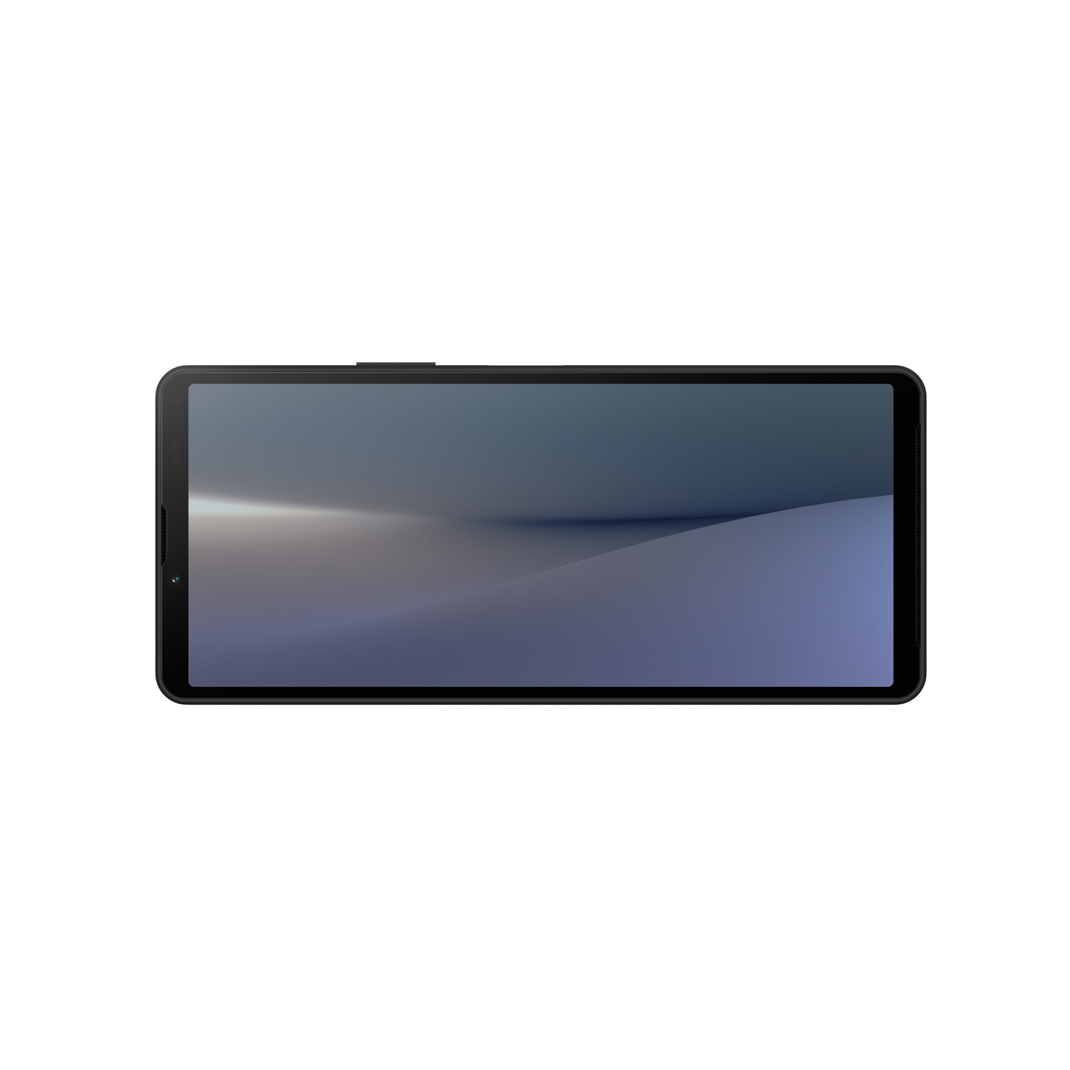Een zwarte tablet met een scherm dat een verloop van blauwe en paarse kleuren weergeeft tegen een witte achtergrond.