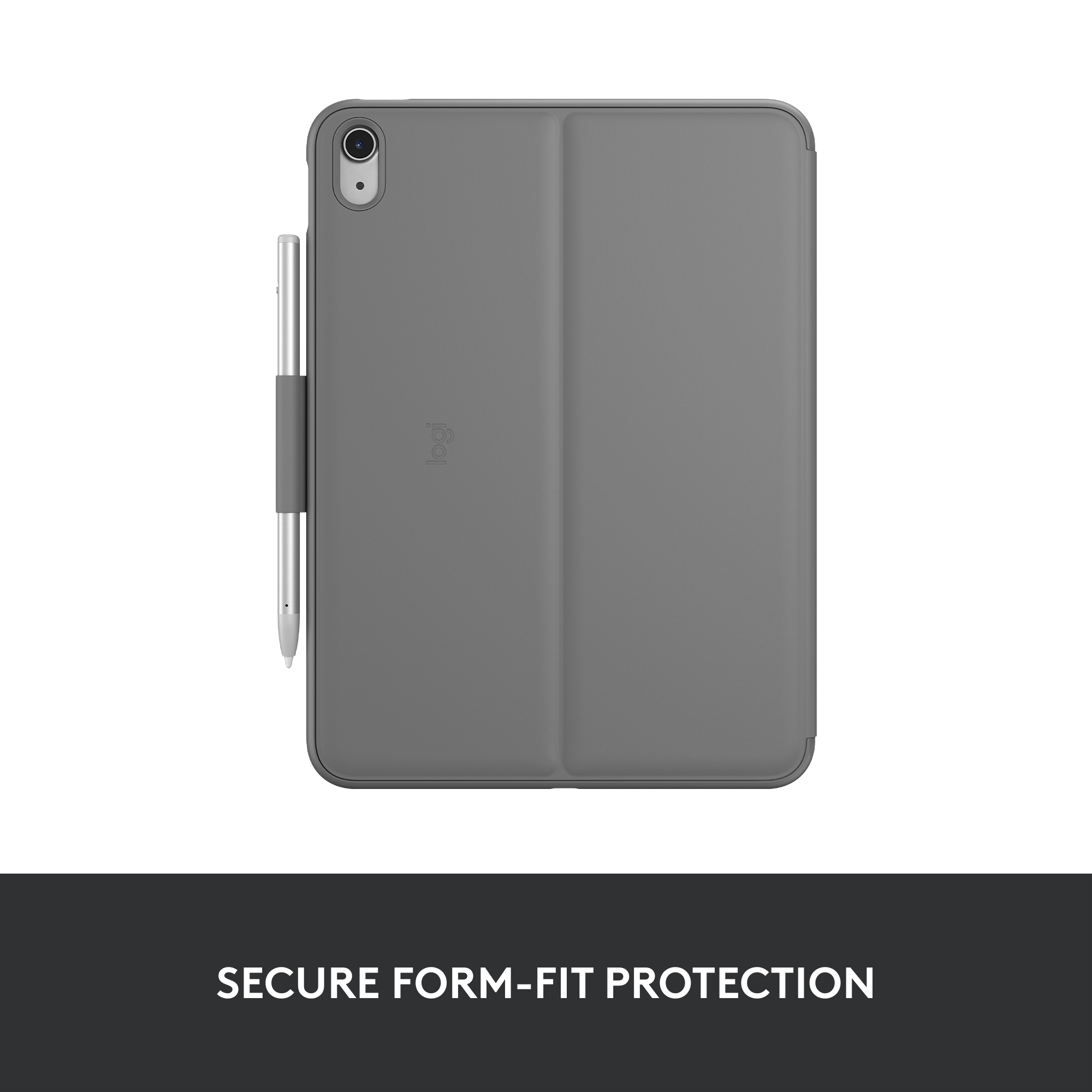 Un étui de tablette gris avec un porte-stylo et un stylet.
