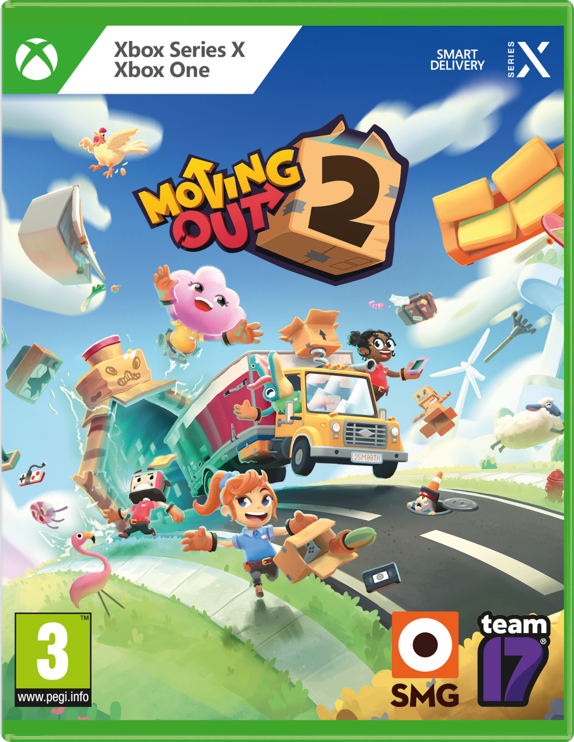 Xbox-gamecover. Moving Out 2. Personages verplaatsen objecten. Blauwe lucht achtergrond.