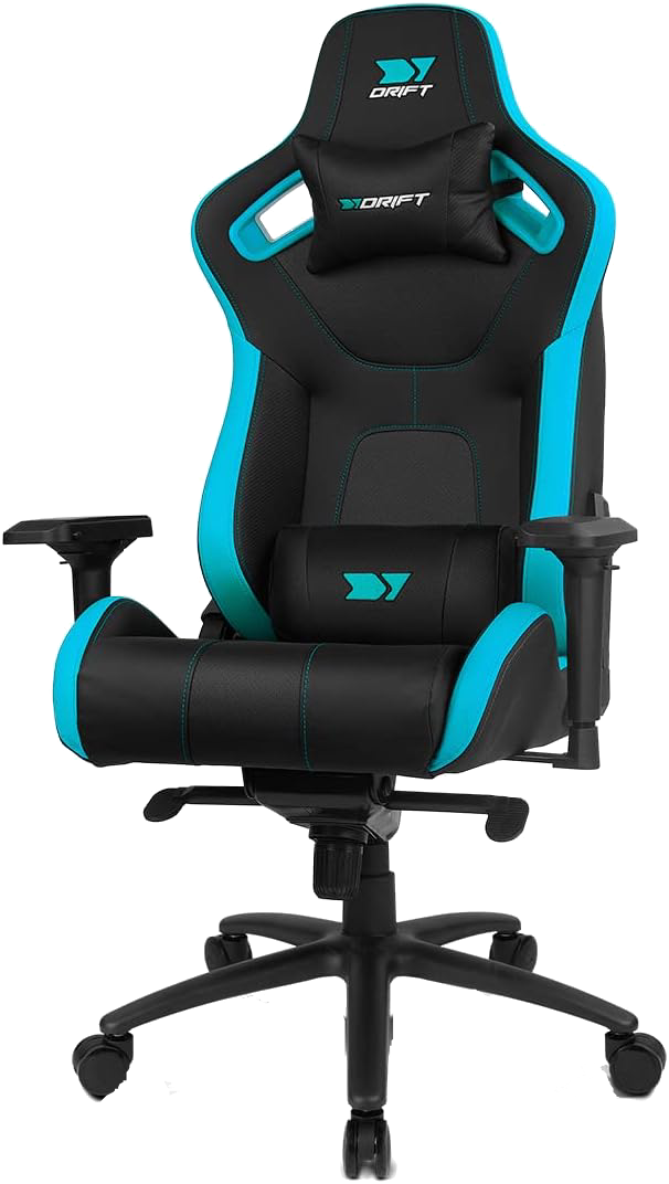 Silla gaming, negra con detalles azules, logo DRiFT en el reposacabezas.