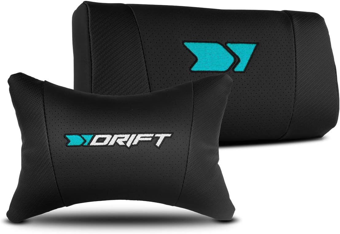 Almohadas negras para reposacabezas de coche con logo Drift turquesa y costuras, sobre fondo blanco.