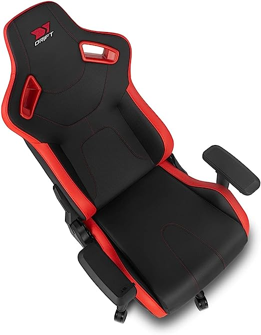 Silla gaming negra y roja. Logotipo Drift en reposacabezas. Con reposabrazos y respaldo reclinable.