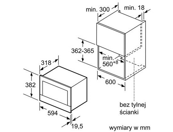 Rysunek techniczny kuchenki mikrofalowej do zabudowy. Wymiary i szczegóły montażu.