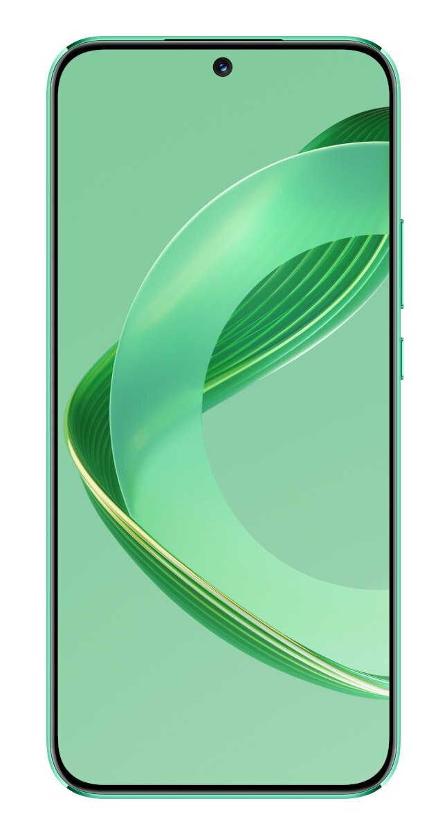 Miętowy smartfon z zakrzywionym ekranem i abstrakcyjnym wzorem w kształcie liścia.
