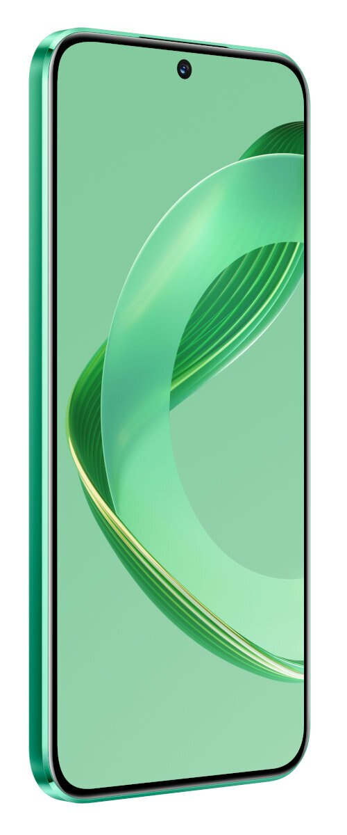 Zielony smartfon, widok z boku, z zakrzywionym wzorem na ekranie.