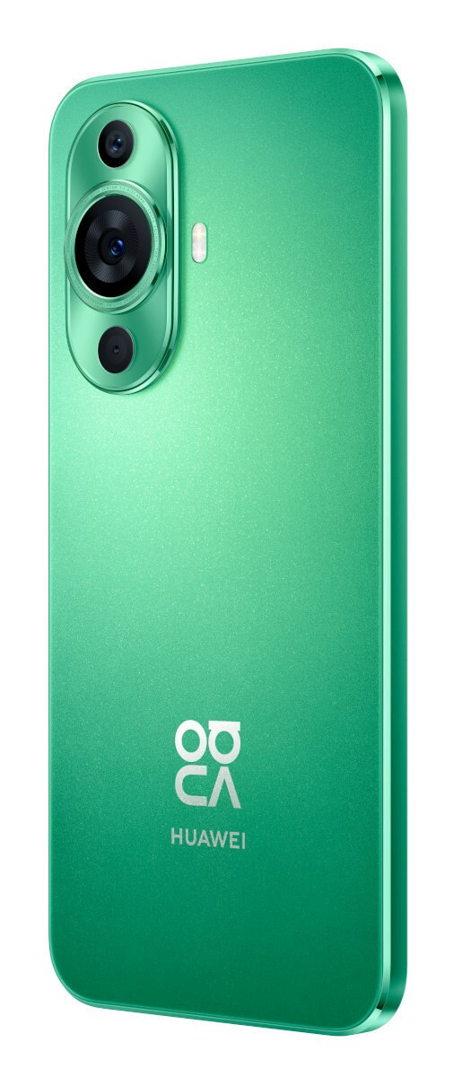 Zielony smartfon pokazujący tył. Telefon ma aparat i logo Huawei. Białe tło.