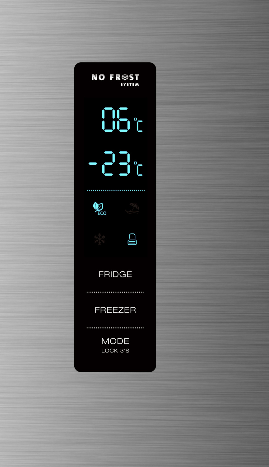 Hűtőszekrény kijelzője, amely a hőmérsékletet mutatja. 6°C, -23°C és különböző mód ikonok.