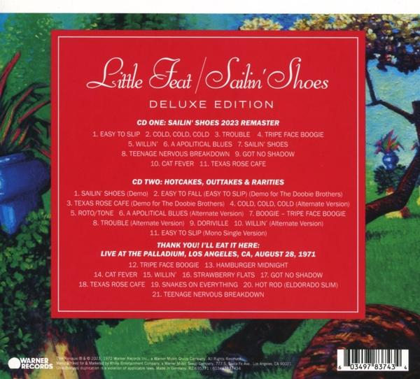 Albumcover von Little Feats 'Sailin' Shoes' Deluxe Edition. Roter Hintergrund mit Trackliste und Bandinformationen.