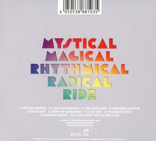 CD-Rückseite mit Regenbogen-Schriftzug "MYSTICAL MAGICAL RHYTHMICAL RADICAL RIDE".