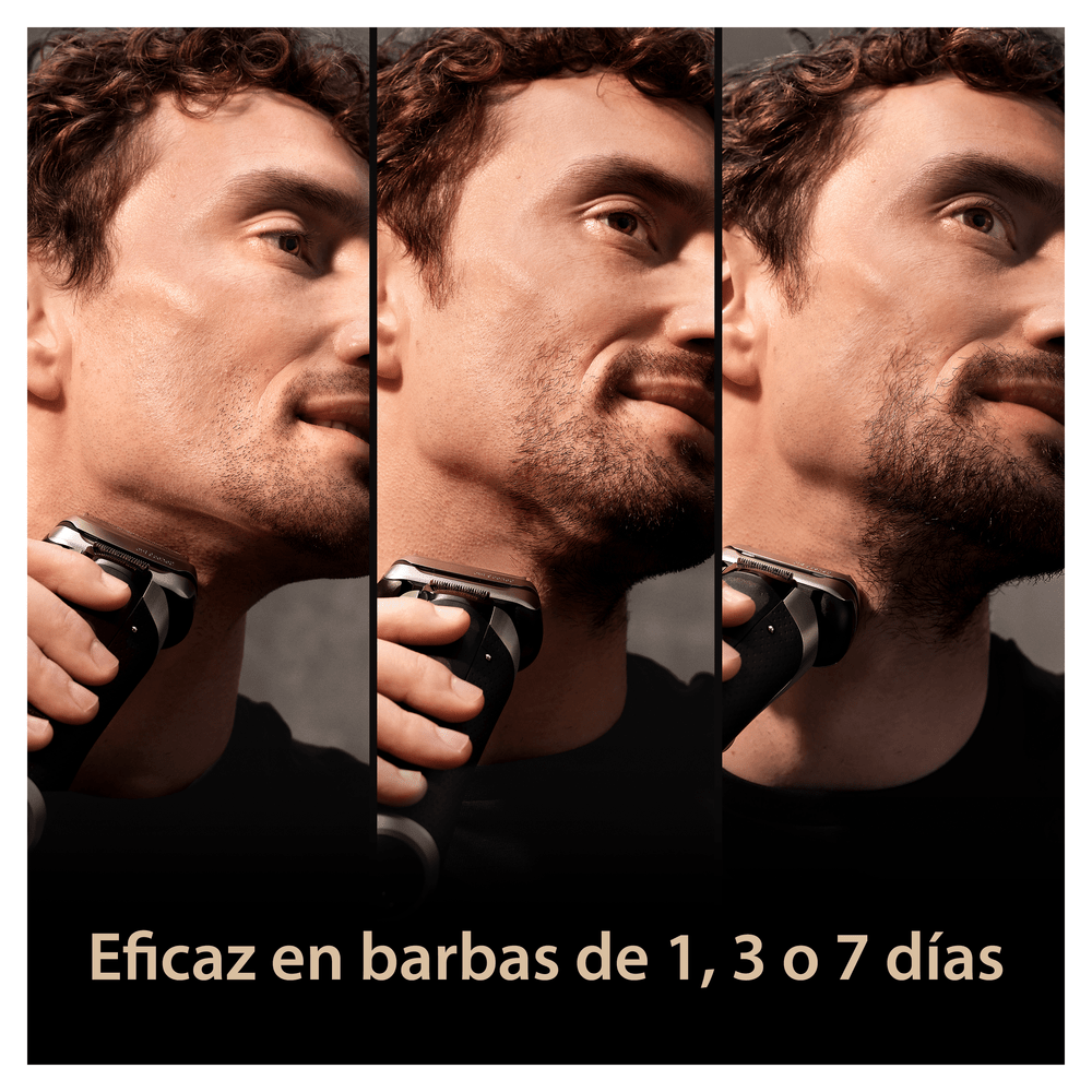 Hombre afeitándose con una afeitadora. Tres imágenes secuenciales mostrando etapas del afeitado. Fondo negro. Texto: Eficaz en barbas de 1, 3 o 7 días.