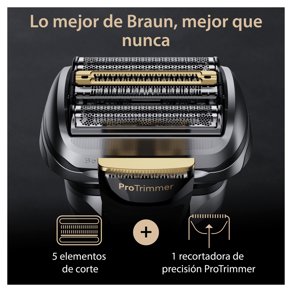 Cabezal de afeitadora Braun con ProTrimmer, 5 elementos de corte y texto en español.