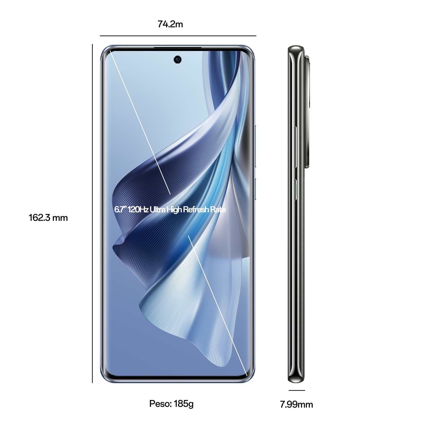 Un smartphone que muestra sus dimensiones y especificaciones, con una pantalla degradada azul y morada.