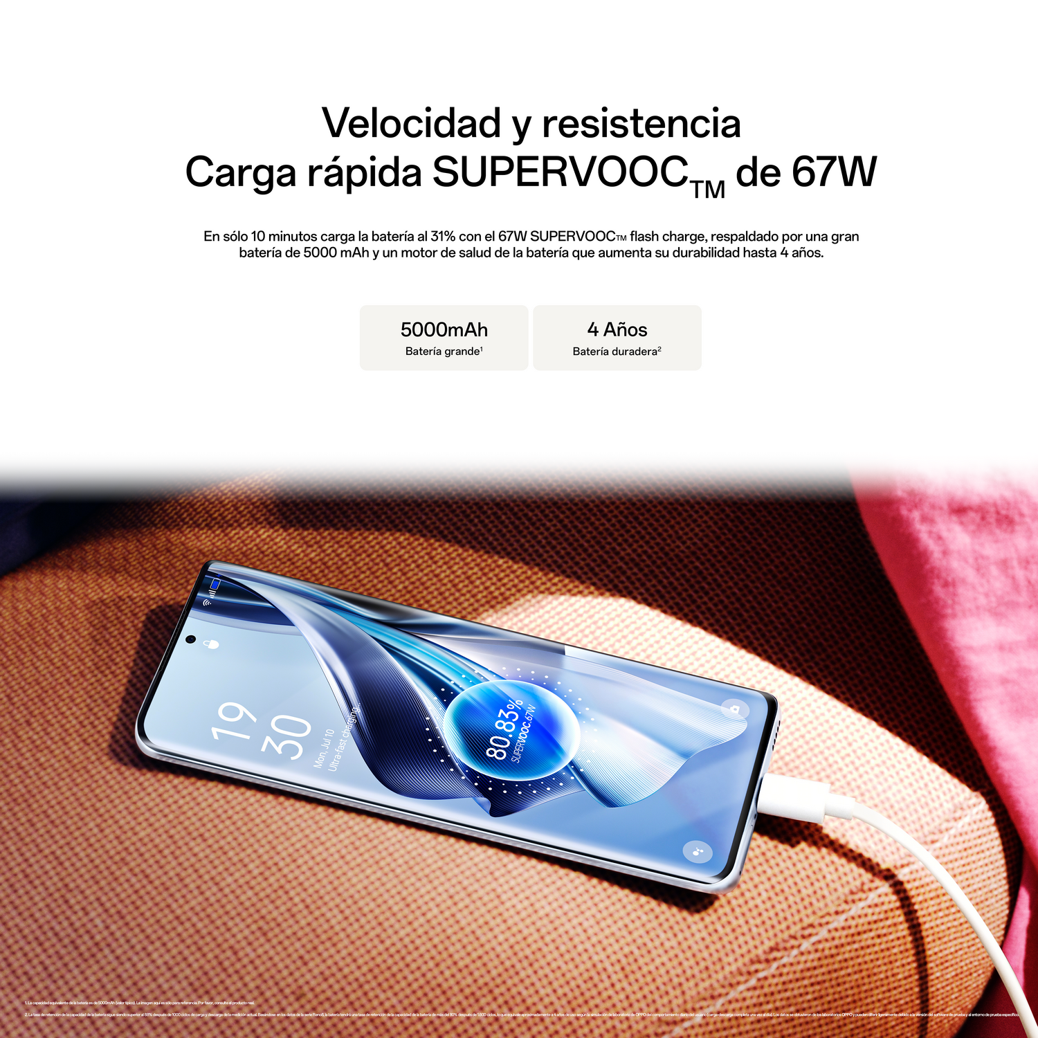 Smartphone mostrando una pantalla de carga. El texto describe carga rápida de 67W y batería de 5000mAh.