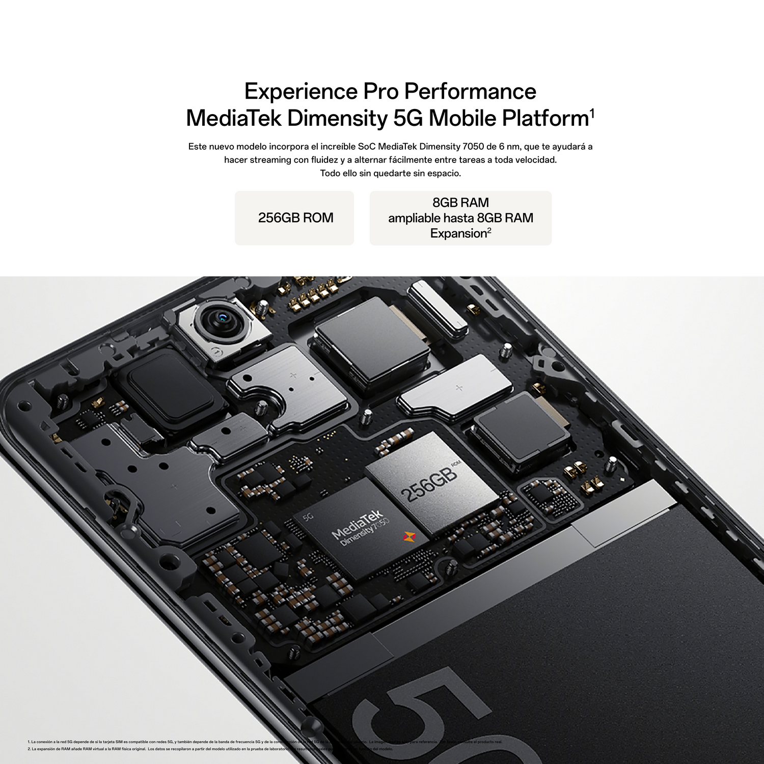 Un dispositivo abierto con componentes internos, que muestra chips y circuitos. El texto destaca 256 GB ROM y 8 GB RAM.