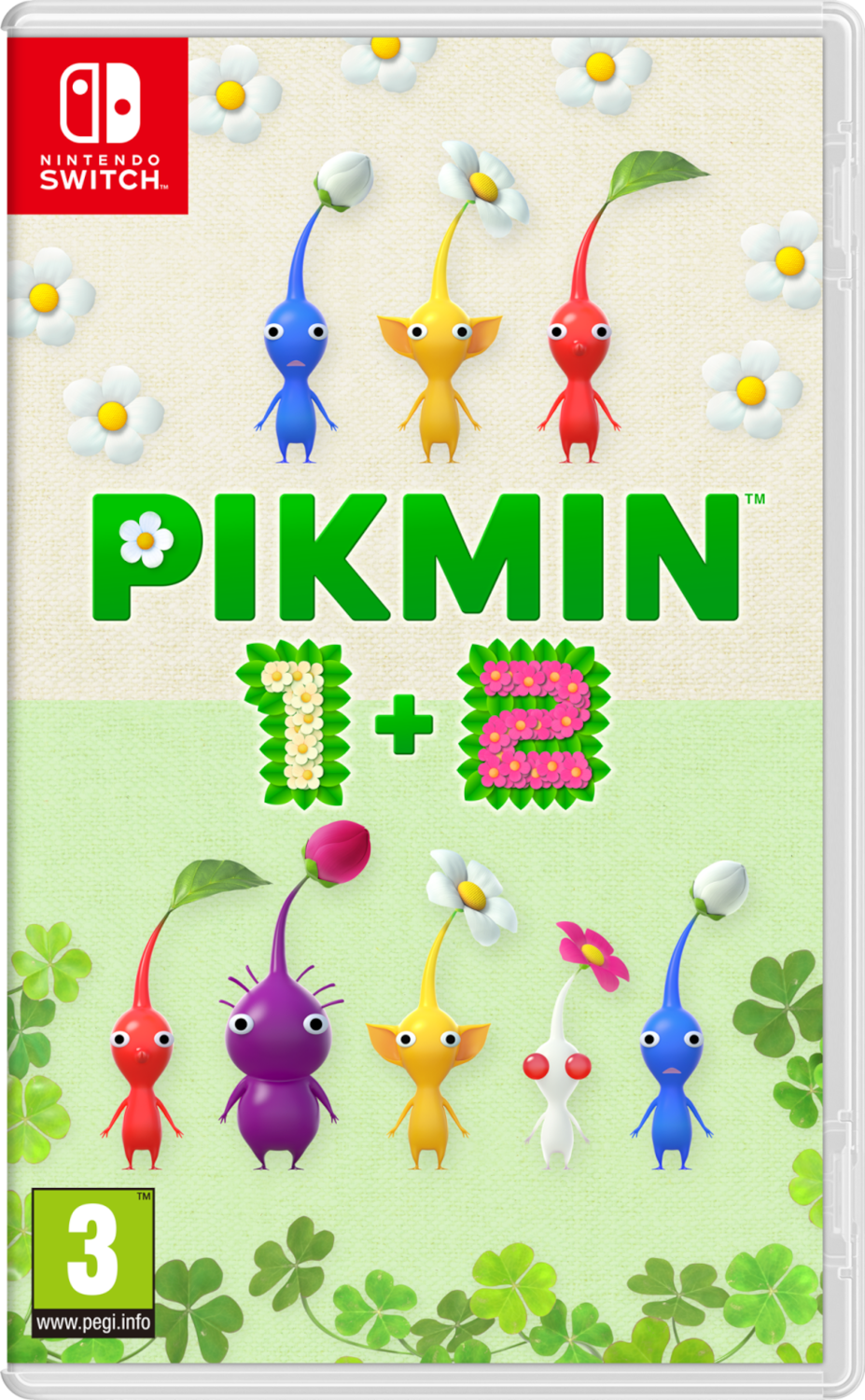 Boîte de jeu Nintendo Switch : Pikmin 1+2. Avec des personnages de Pikmin. Boîtier blanc avec fond vert.