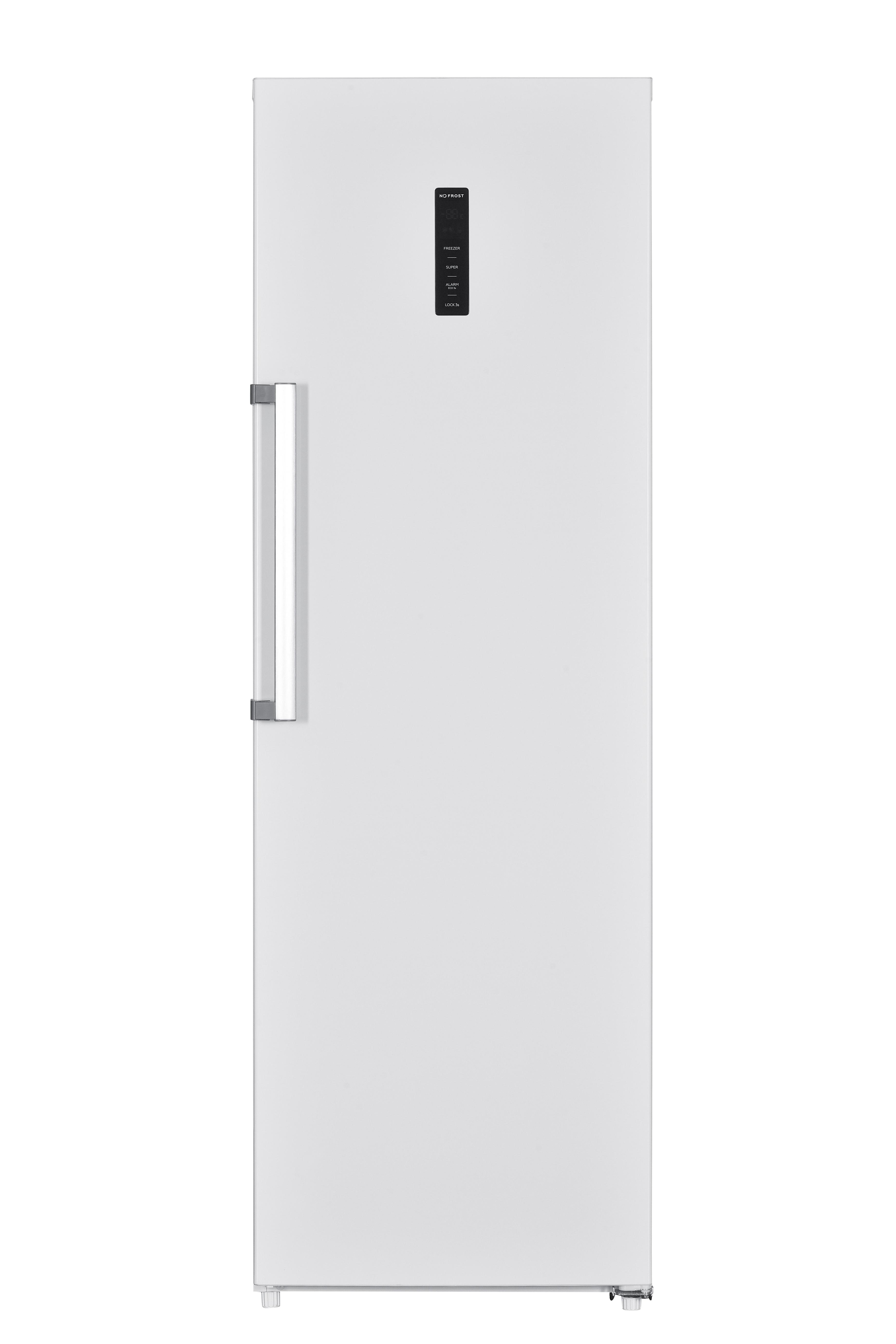 Weißer Kühlschrank mit einer einzigen Tür und einem vertikalen Griff auf der linken Seite.