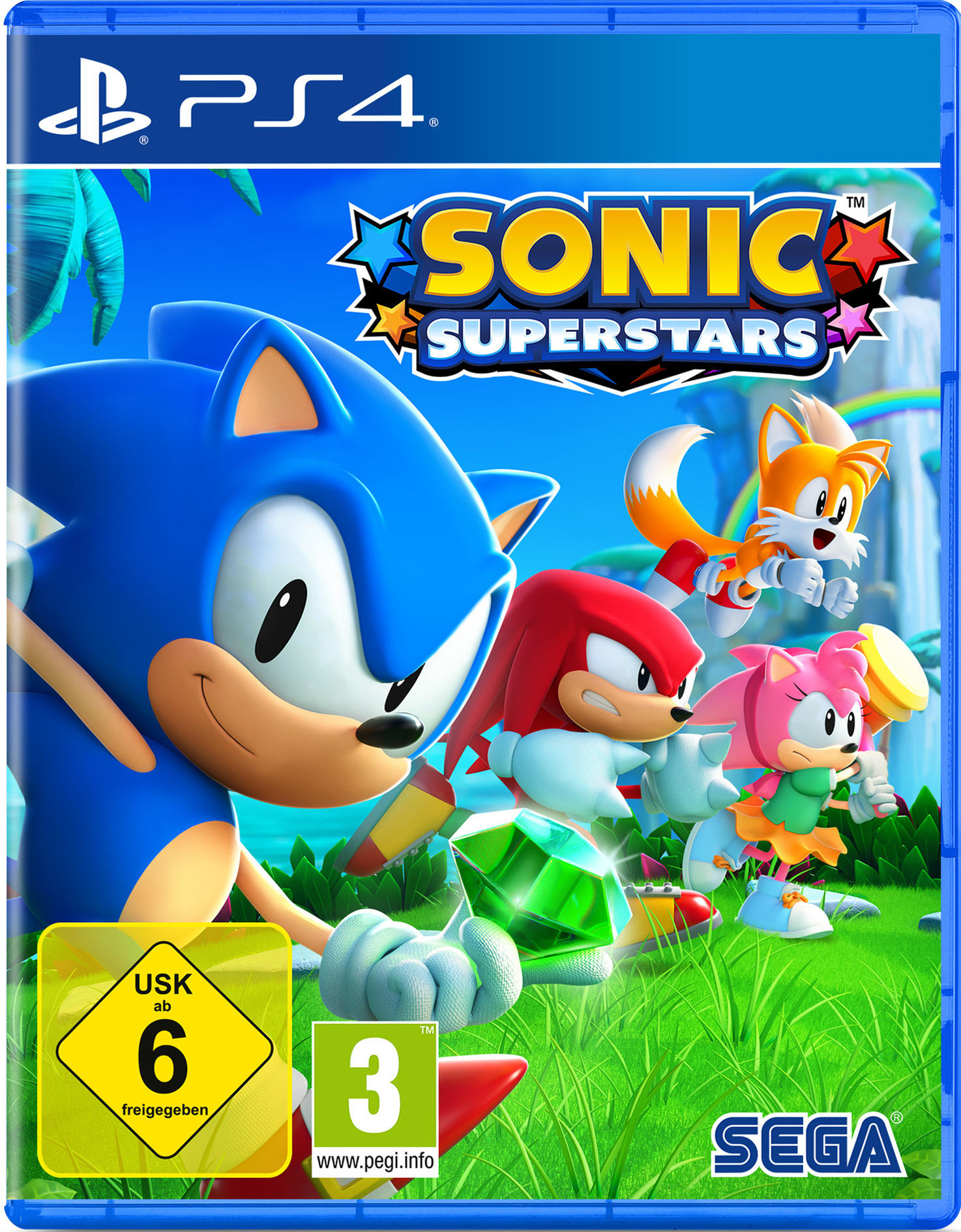 Sonic Superstars Spielcover. Sonic und Freunde laufen auf einem sonnigen Grasfeld.