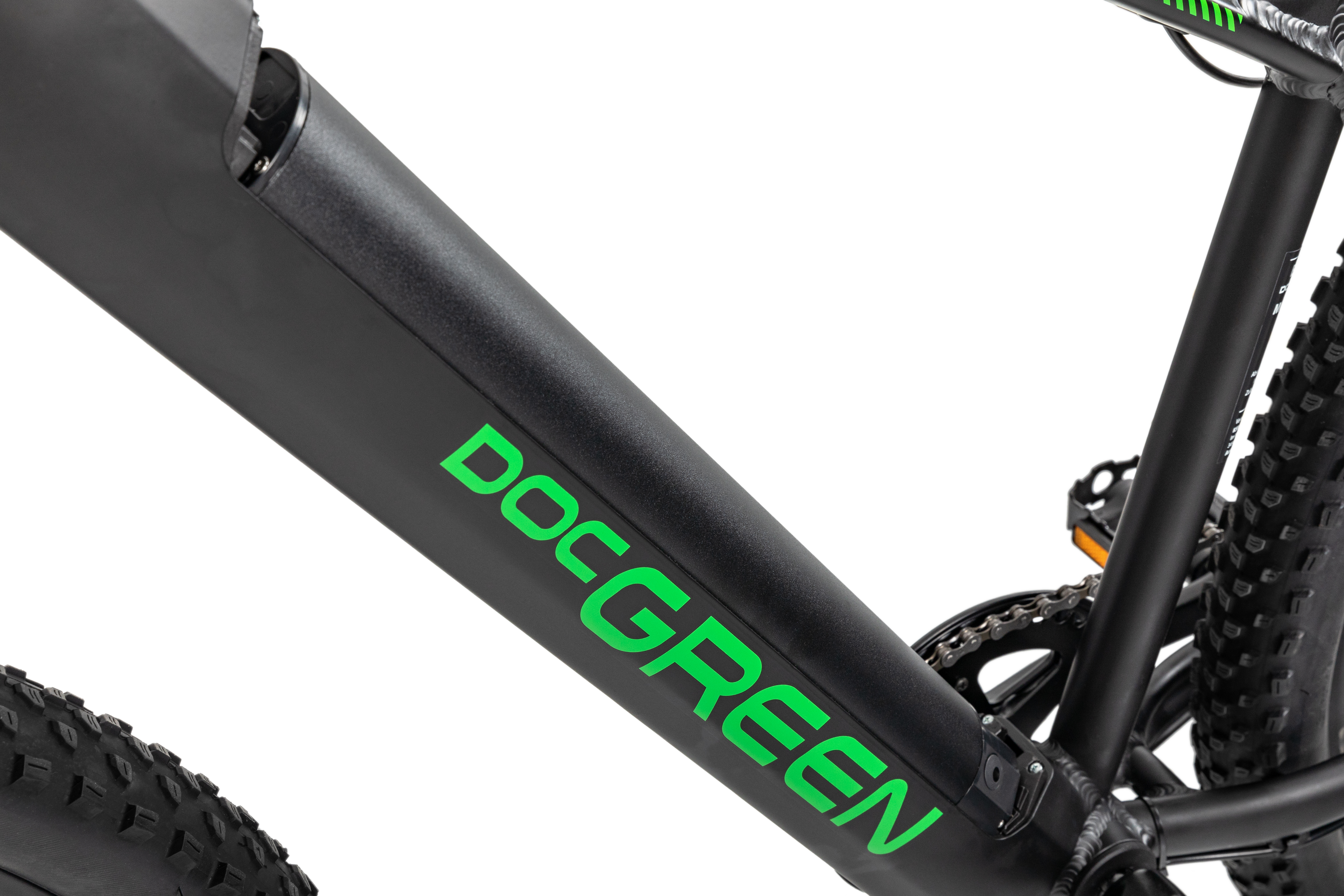 Elektrofahrrad mit grünem 'DOCGREEN' auf dem Rahmen. Schwarzes Fahrrad mit schwarzem Akku.