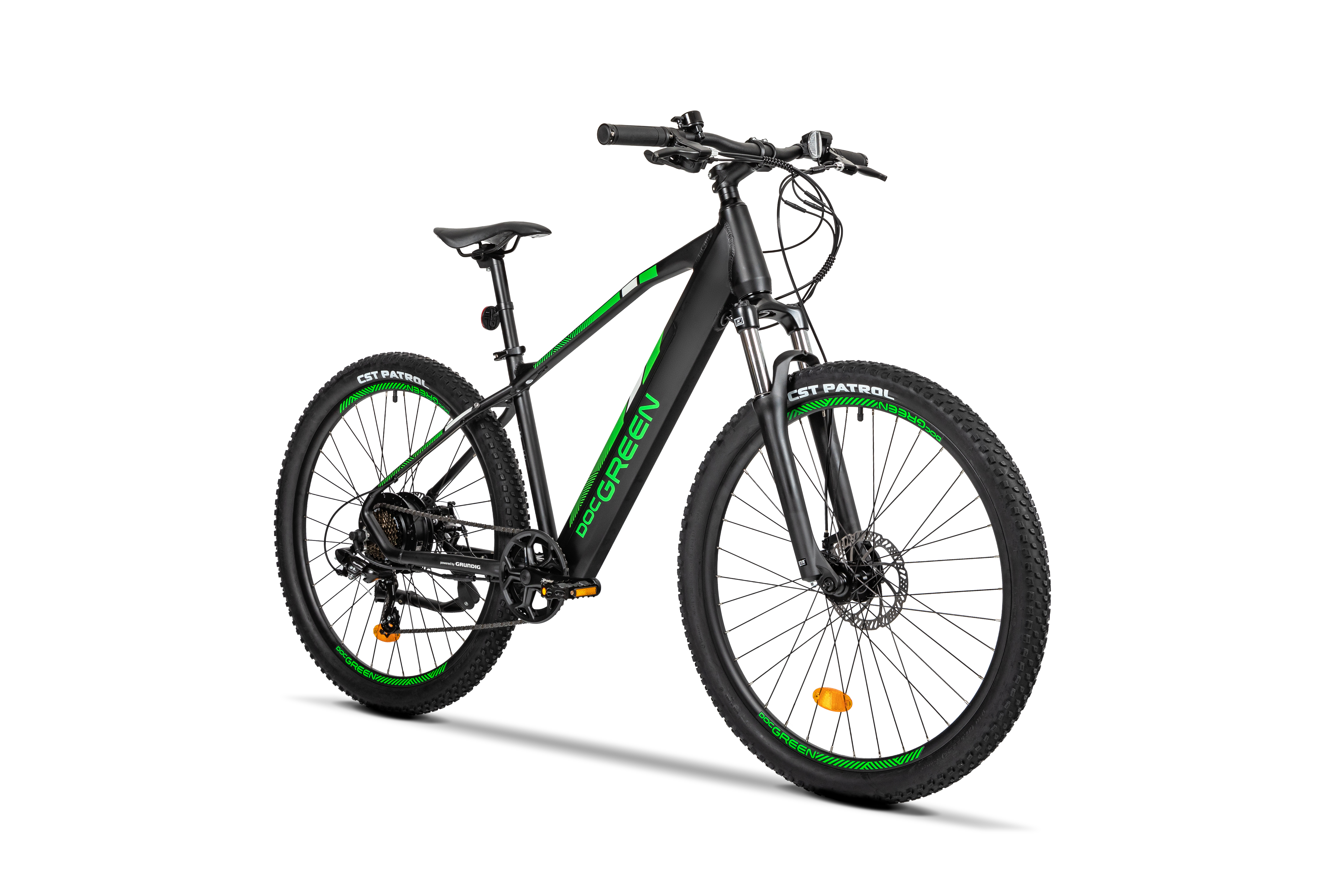 Schwarz-grünes DocGreen E-Bike vor weißem Hintergrund. Details des Fahrrads sind sichtbar.
