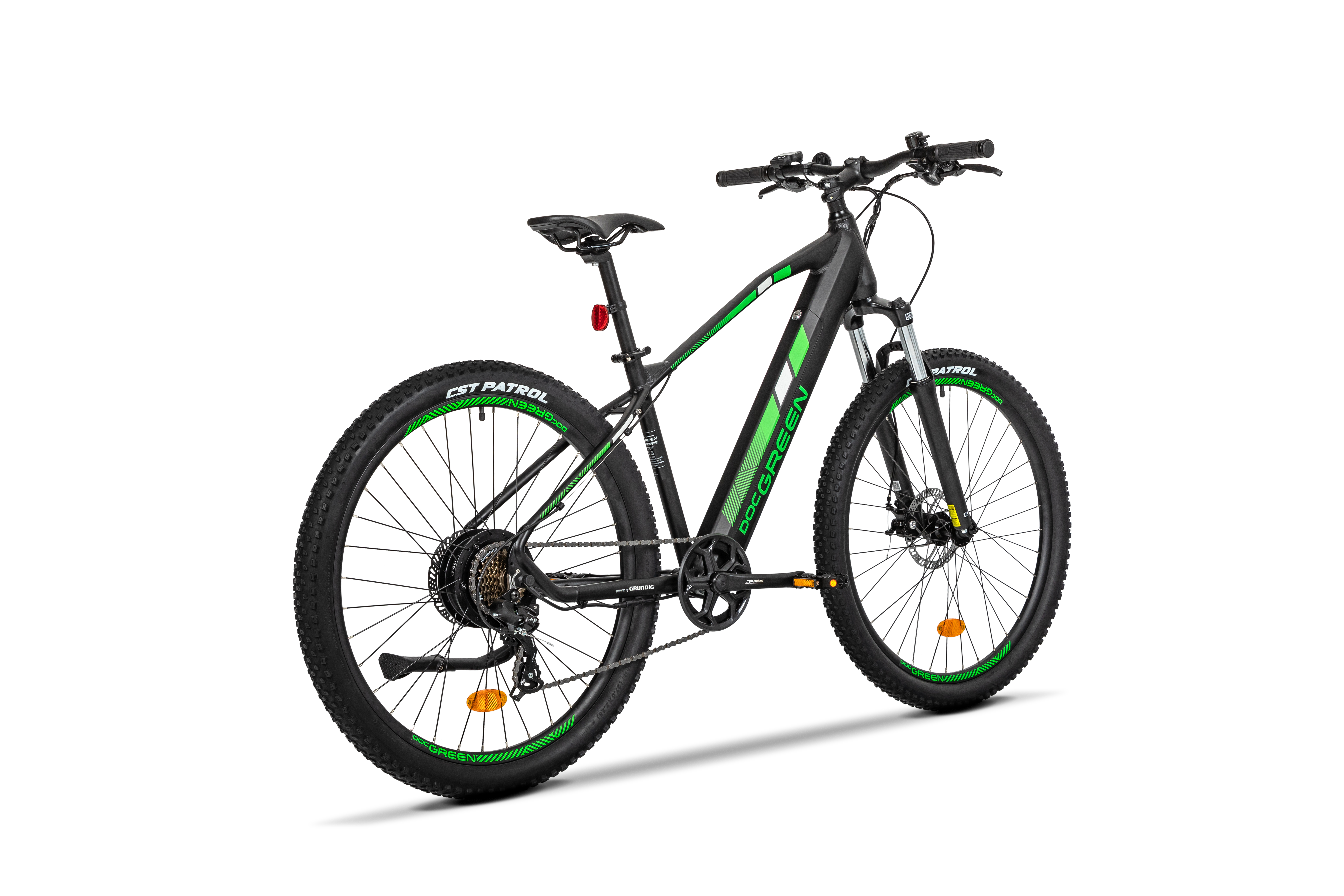 Ein schwarz-grünes Mountainbike mit weißem Hintergrund, das das Heck- und Seitenprofil zeigt.