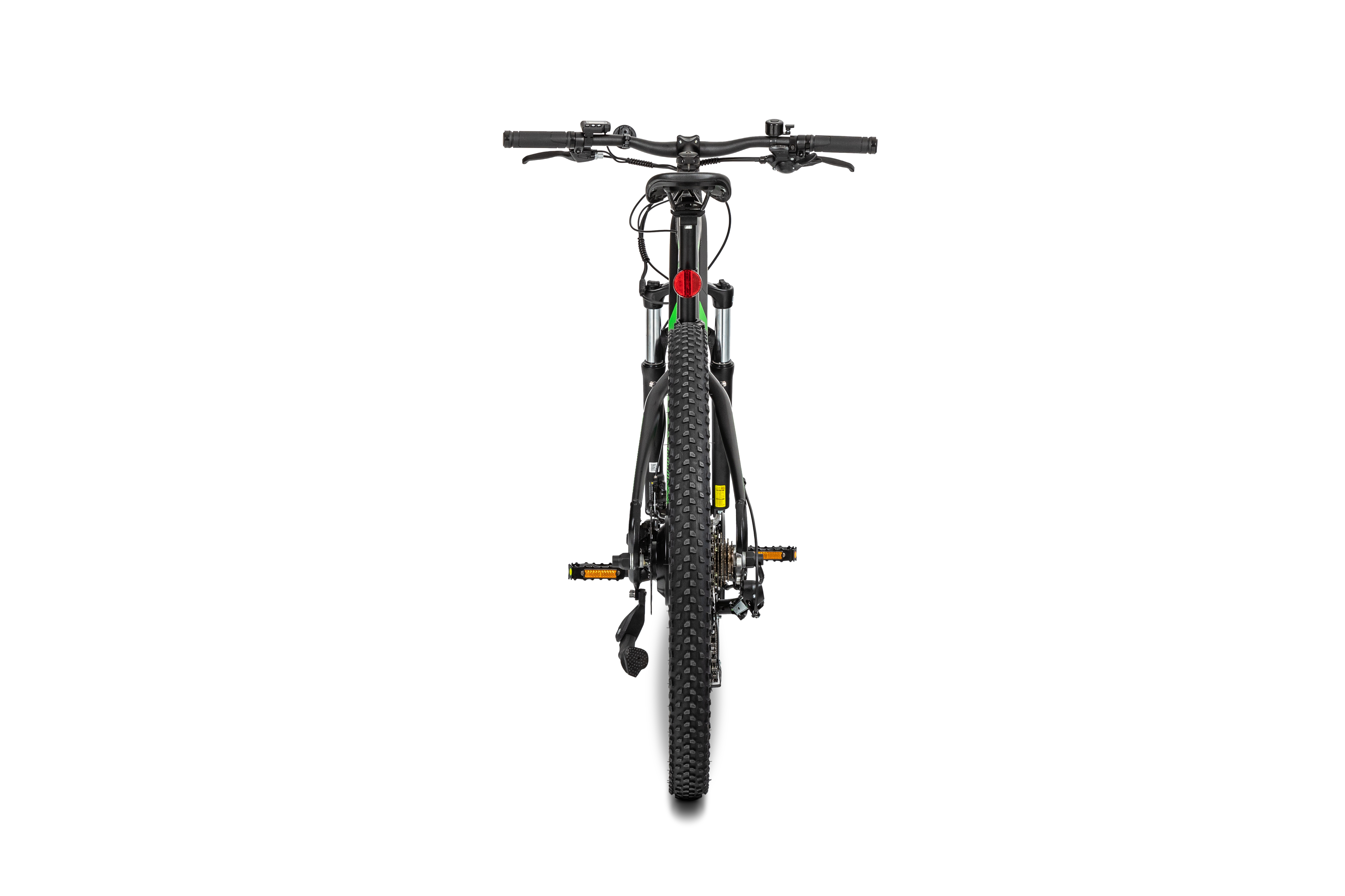 Mountainbike, von vorne gesehen, mit weißem Hintergrund.