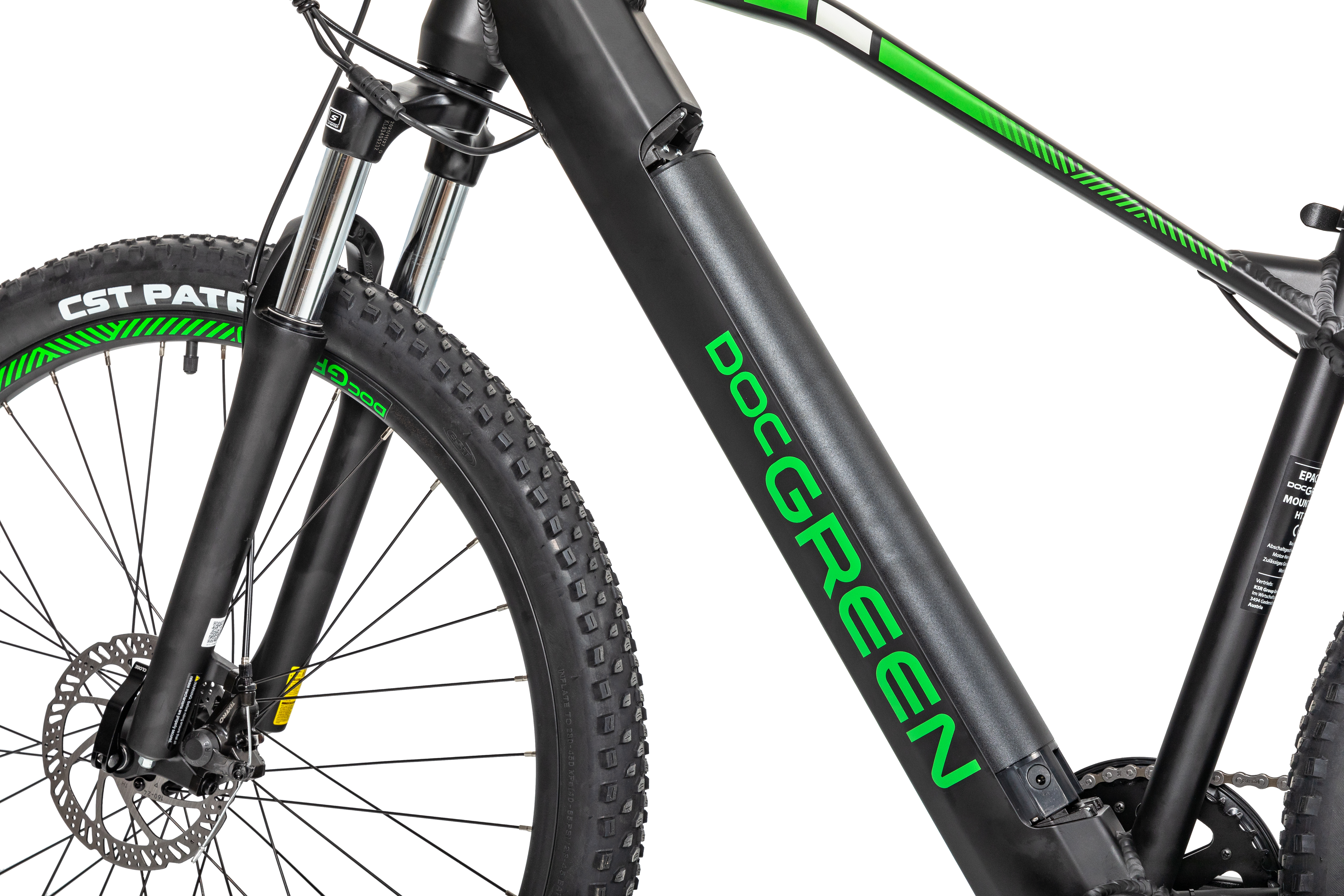 Ein schwarzes und grünes Doc Green Elektrofahrrad.