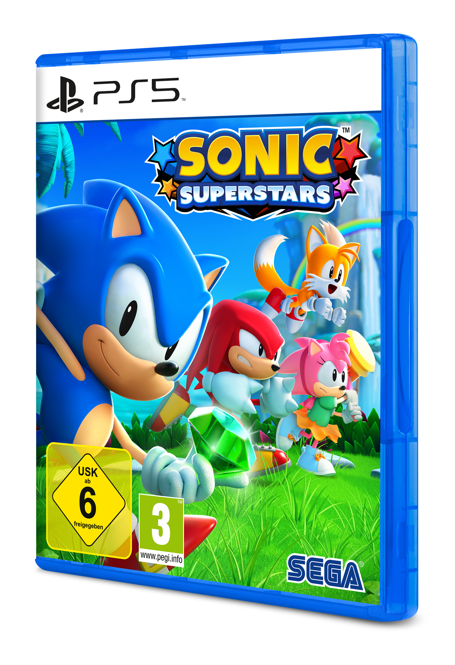 Spielbox mit Sonic und Freunden auf blauem Hintergrund.