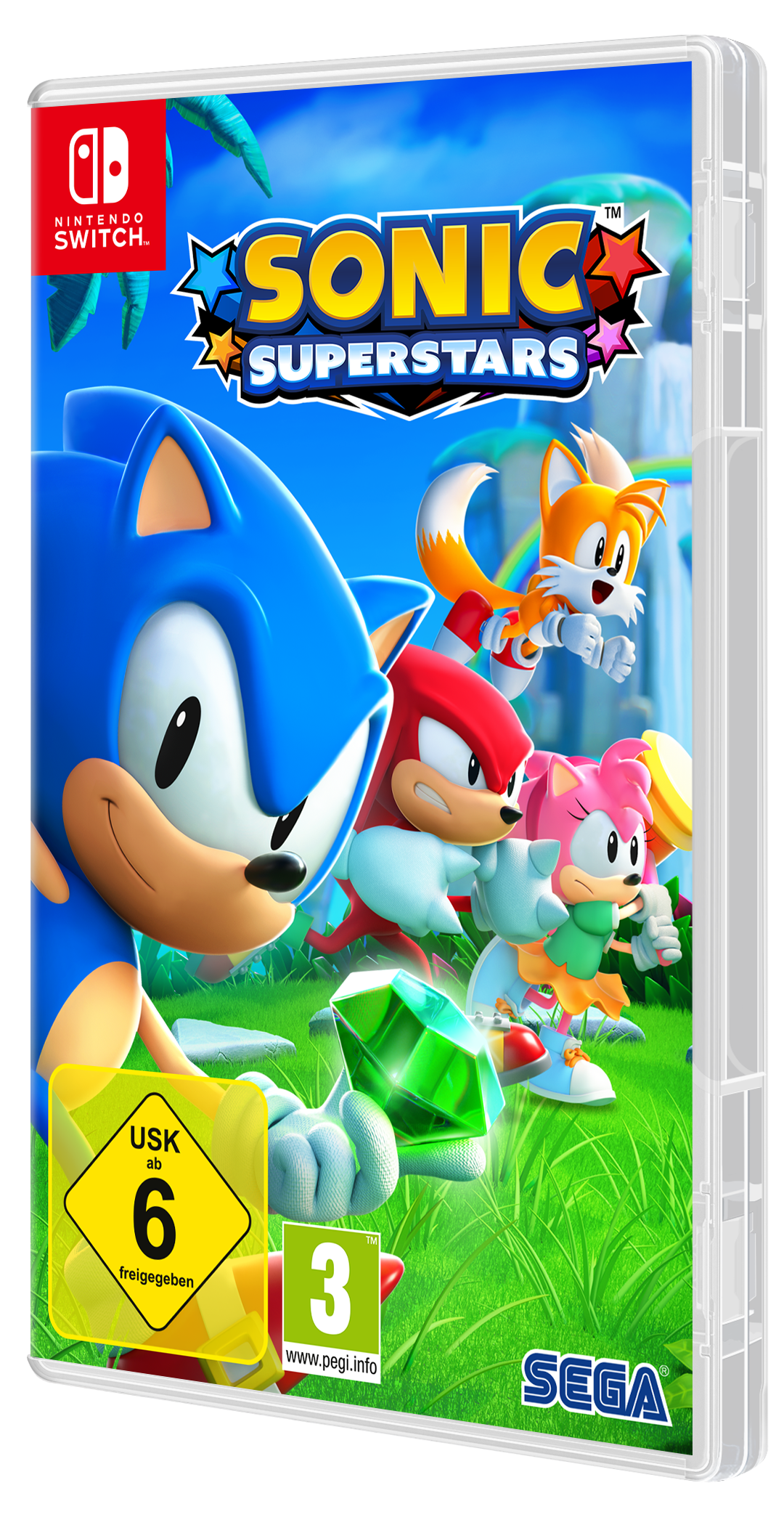 Spielbox für Sonic Superstars, mit Sonic, Tails, Knuckles und Amy auf dem Cover.