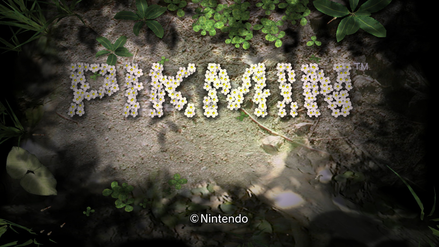 L'écran titre d'un jeu vidéo, 'Pikmin', avec le titre fait de fleurs blanches en forme de marguerite.