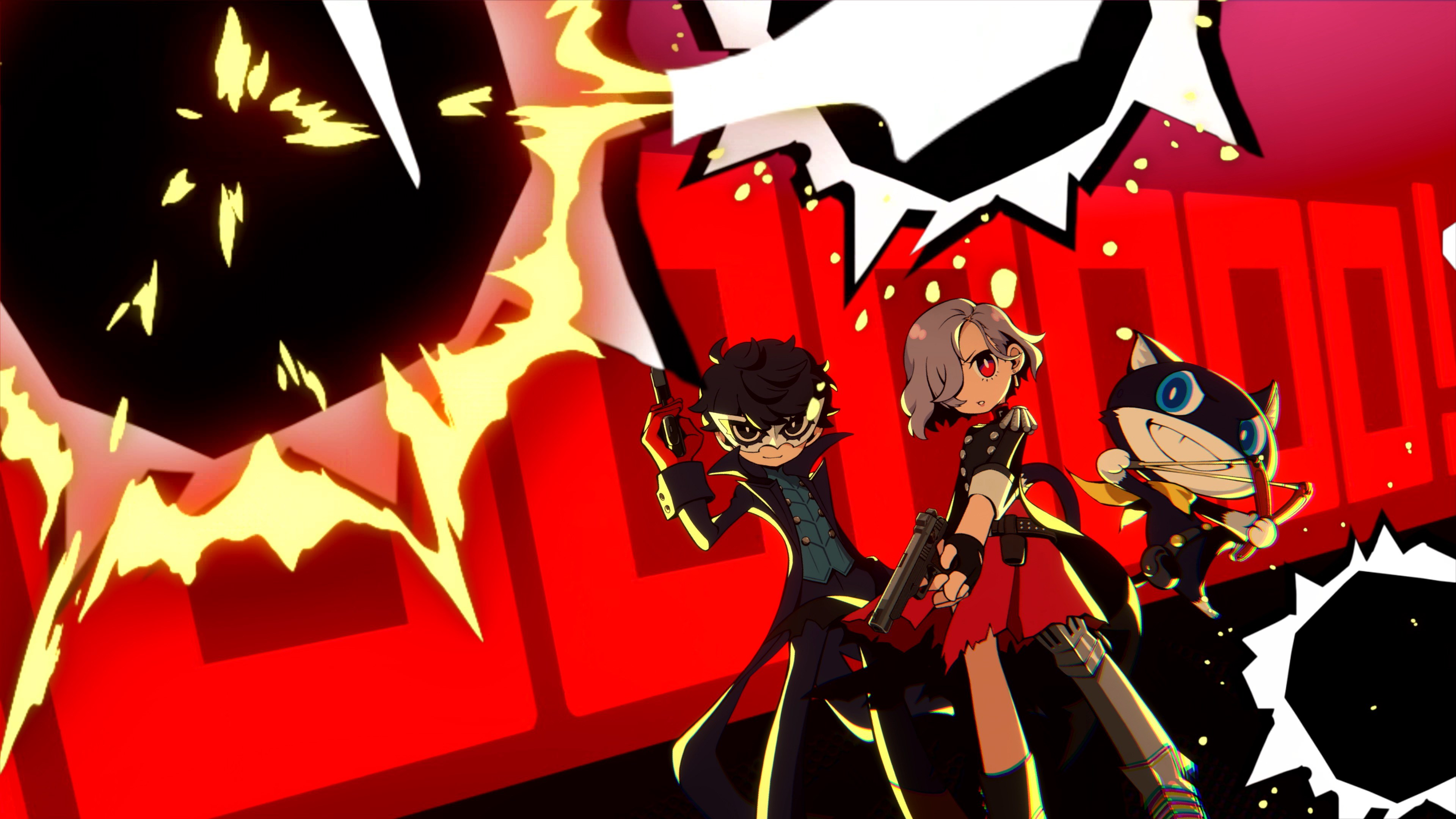 Trois personnages d'anime avec des armes et un chat dans une scène d'explosion rouge et noire.