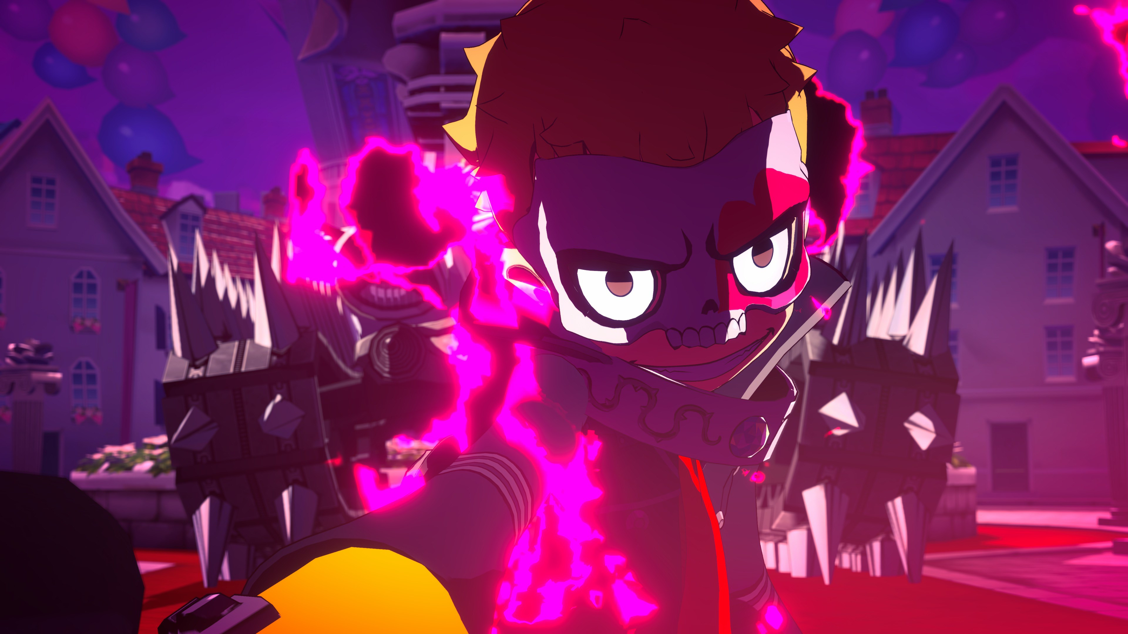 Un zombie d'un jeu vidéo regarde intensément le spectateur, avec des effets roses brillants.