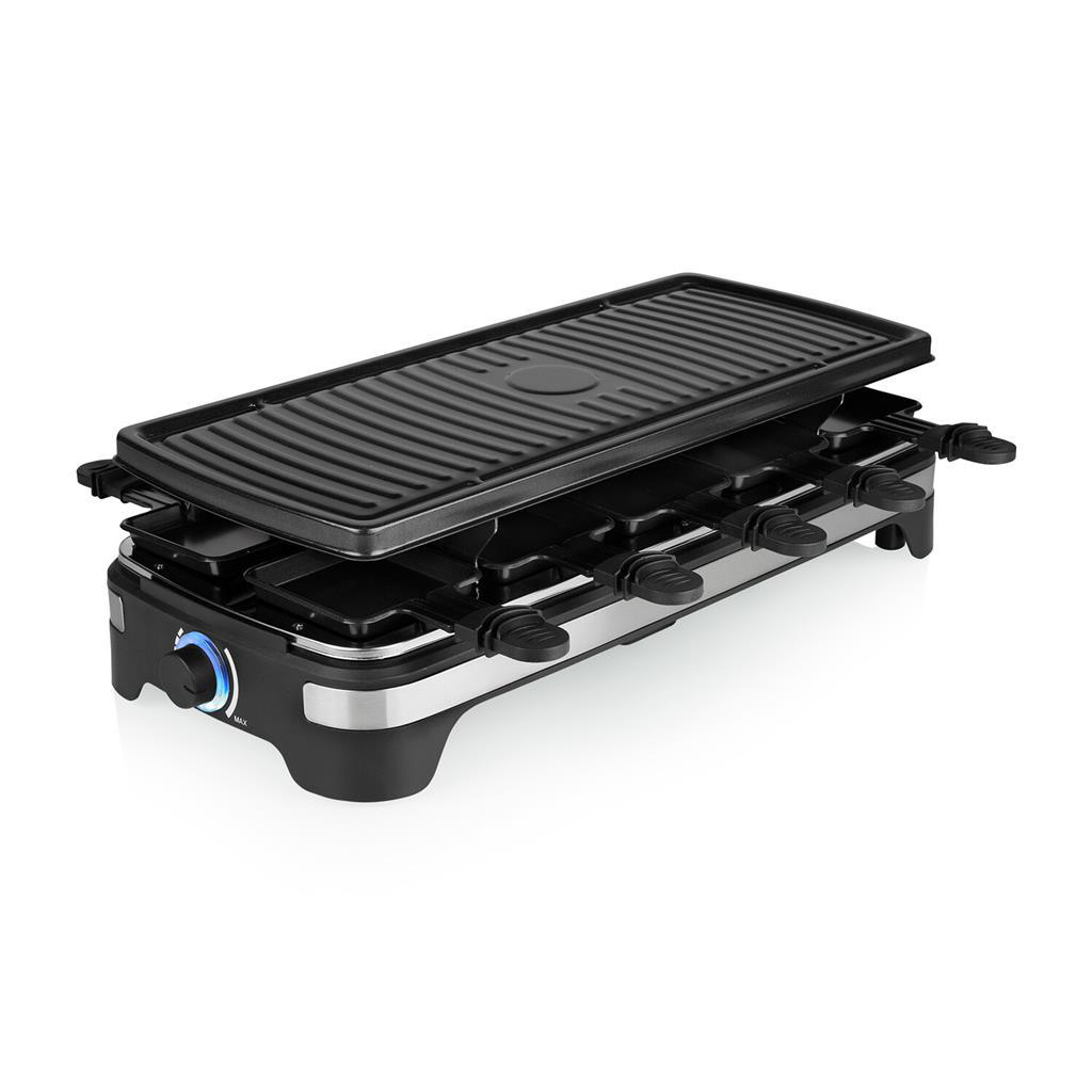 Ein schwarzer Raclette-Grill mit Edelstahlbasis, der die Heizelemente und Bedienelemente zeigt.