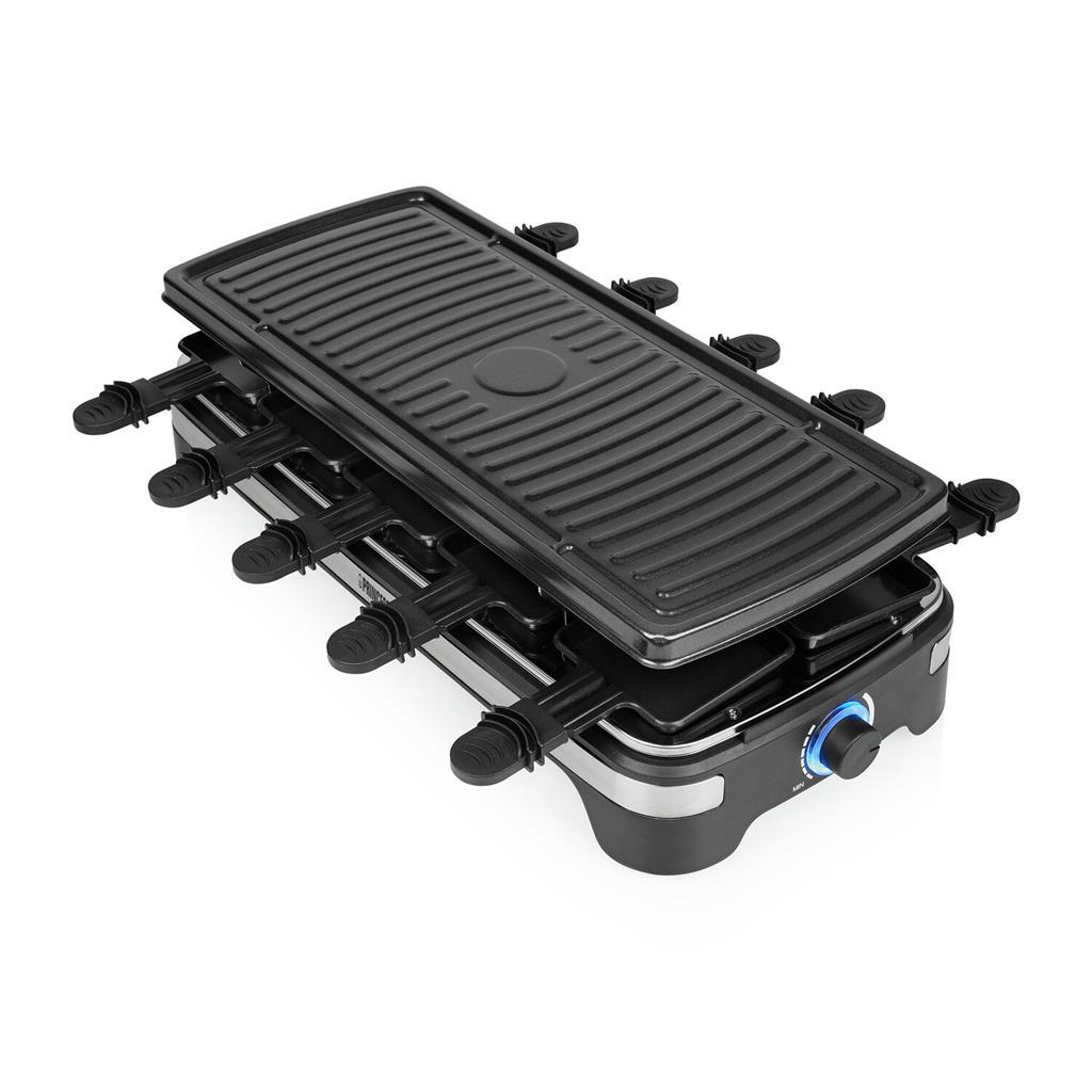 Schwarzer Raclette-Grill mit zwei Ebenen und offenen Grillflächen. Weißer Hintergrund, schräge Aufnahme.