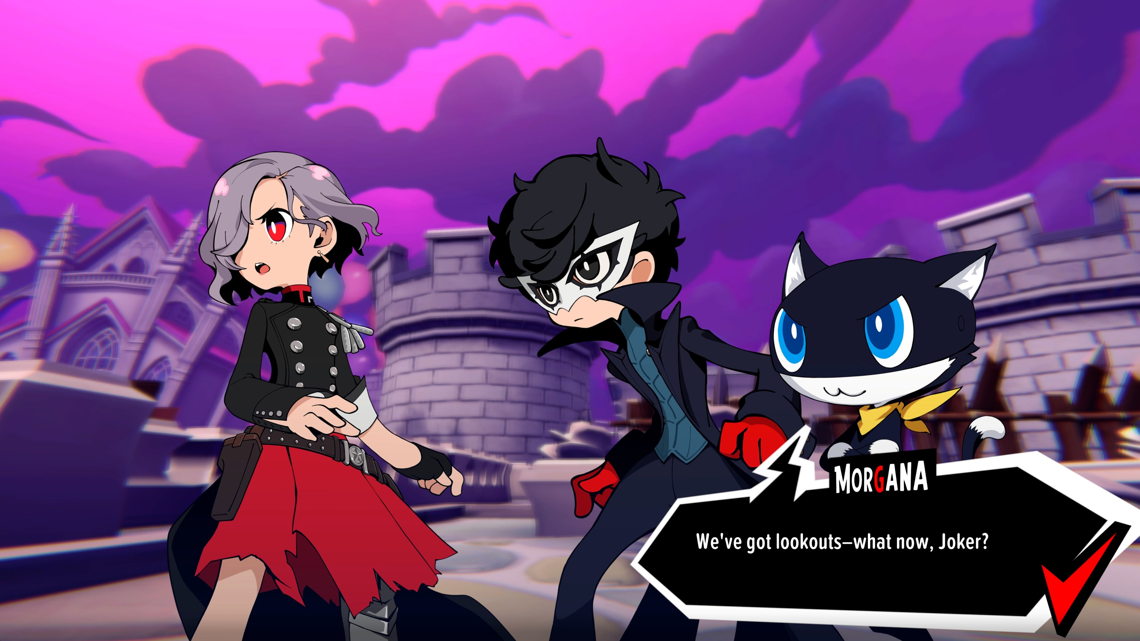 Scena in stile anime con tre personaggi di Persona 5, fumetto visibile.