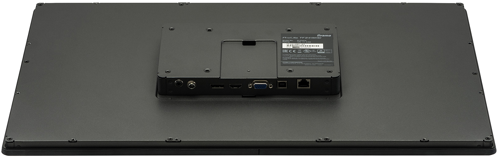 Rückseite eines schwarzen Monitors mit Anschlüssen und einer zentralen Montageplatte.