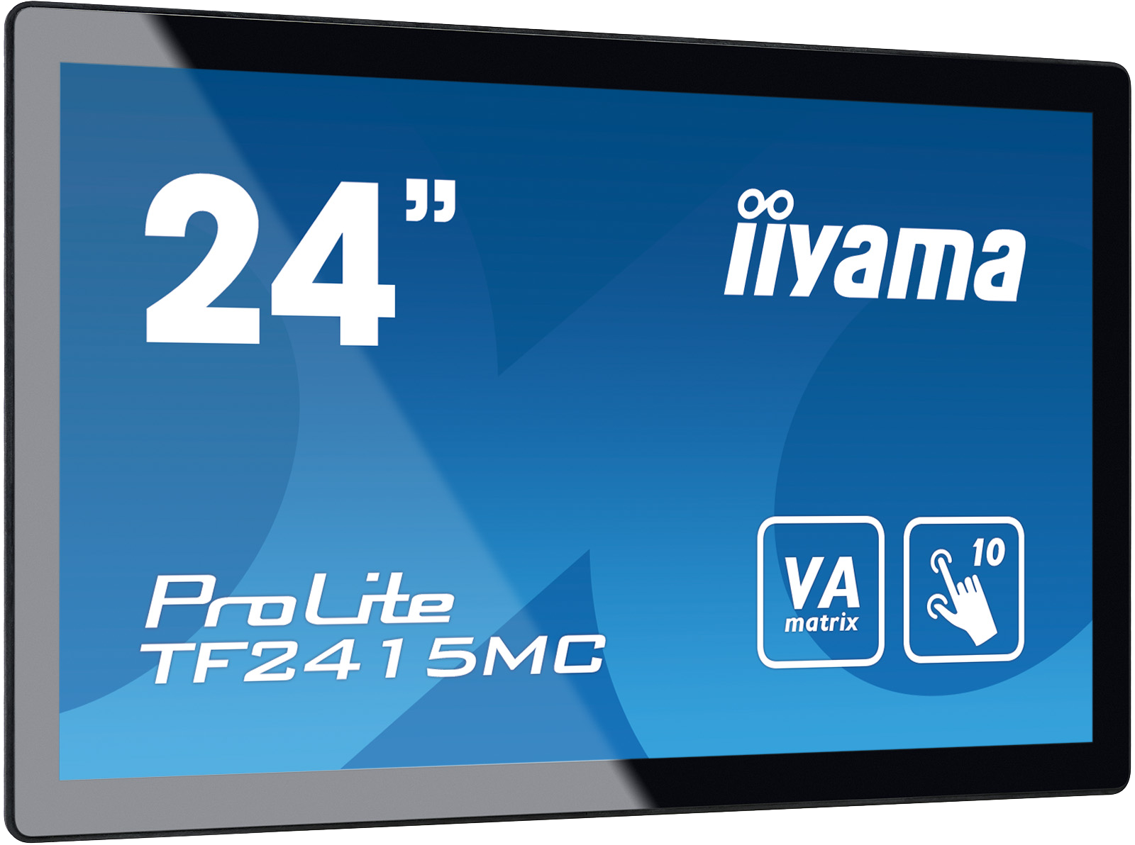 24-Zoll iiyama Monitor, der ein blaues Bild mit Text und Symbolen anzeigt.