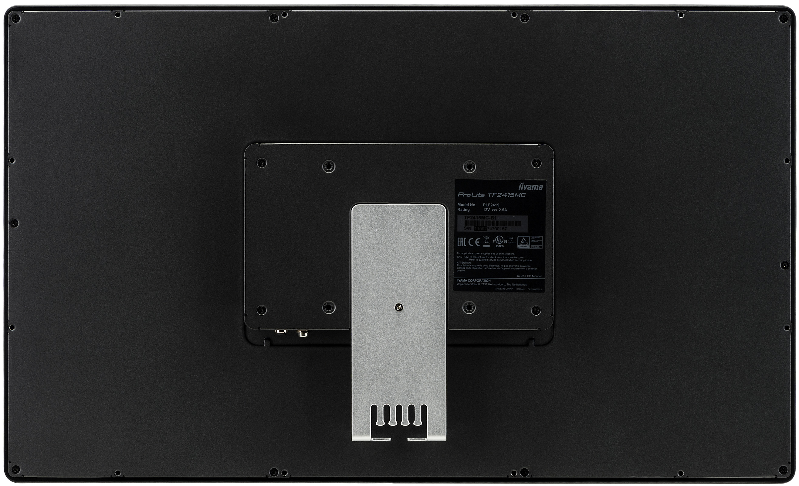 Rückseite eines schwarzen Computermonitors mit angebrachtem Ständer. Der Ständer hat einen Metallarm.