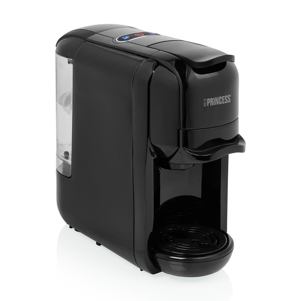 Schwarze Kaffeemaschine mit transparentem Wassertank. Mit Princess-Logo und Tassenablage.