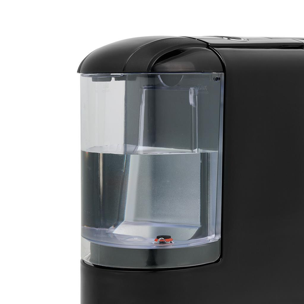 Schwarzer Wassertank mit transparenter Front. Gefüllt mit Wasser. Teil eines schwarzen Geräts.