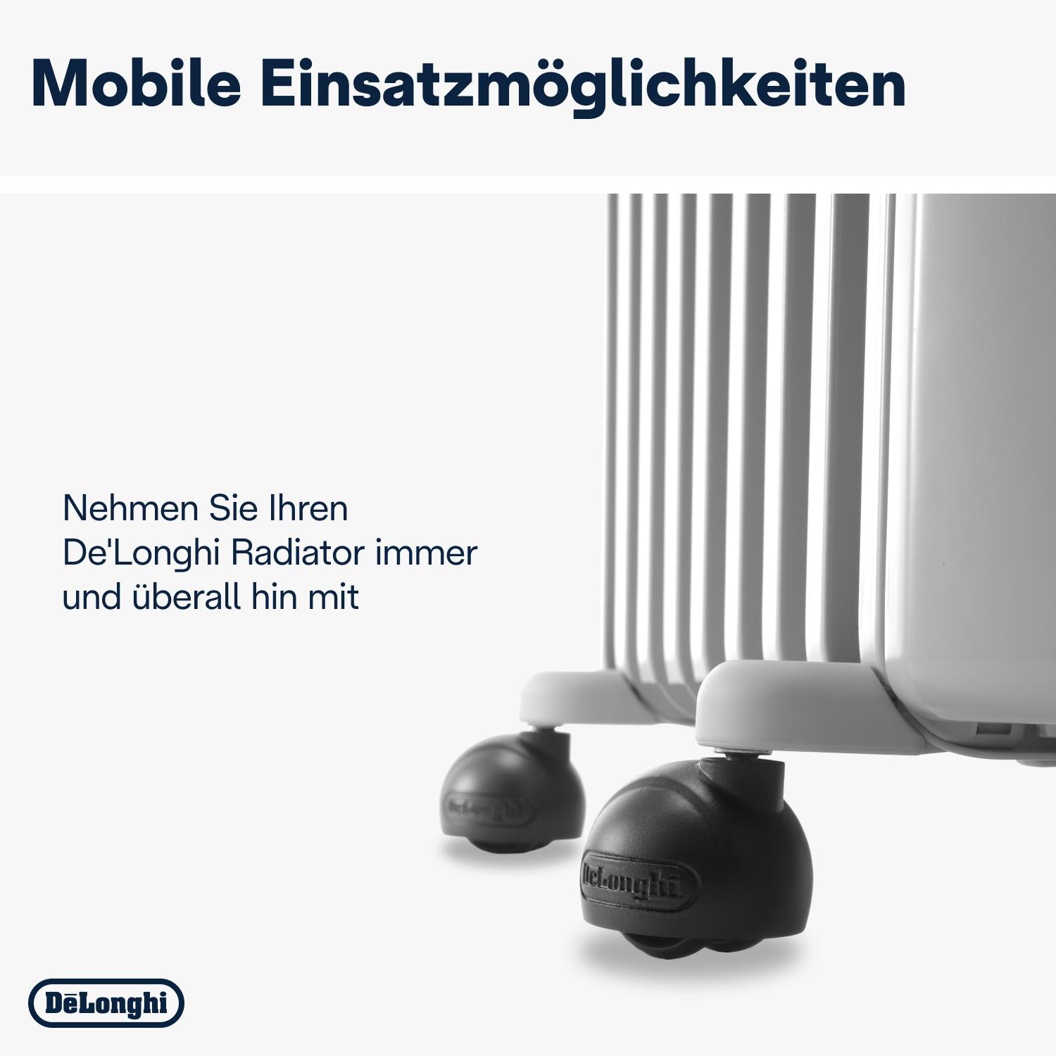 De'Longhi-Heizkörper mit schwarzen Rädern. Weißer Heizkörper mit sichtbaren Rippen. Text zur Portabilität.