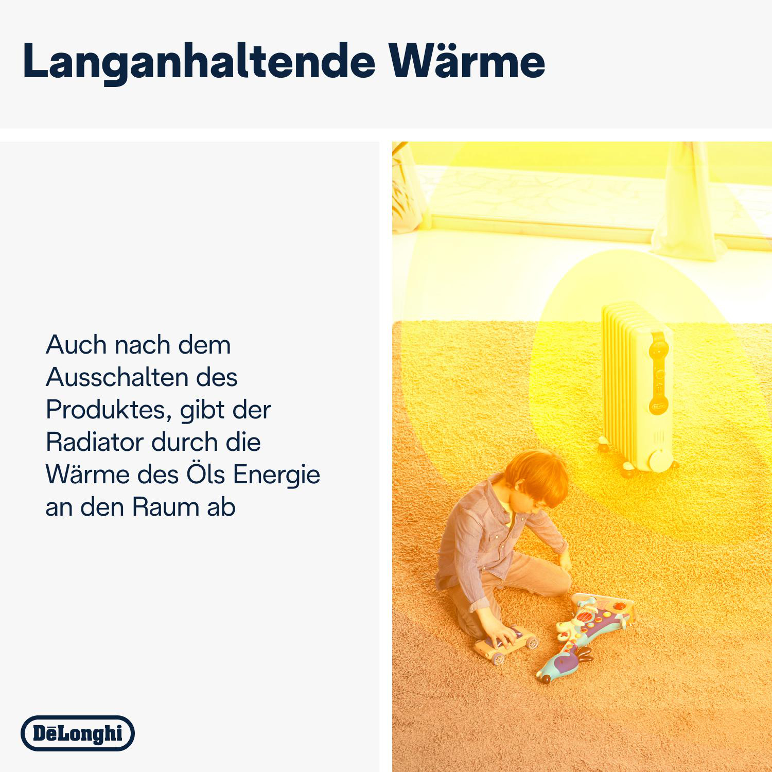 Ein Junge spielt mit Spielzeug neben einem ölbeheizten Heizkörper. Text auf Deutsch über Wärmespeicherung.