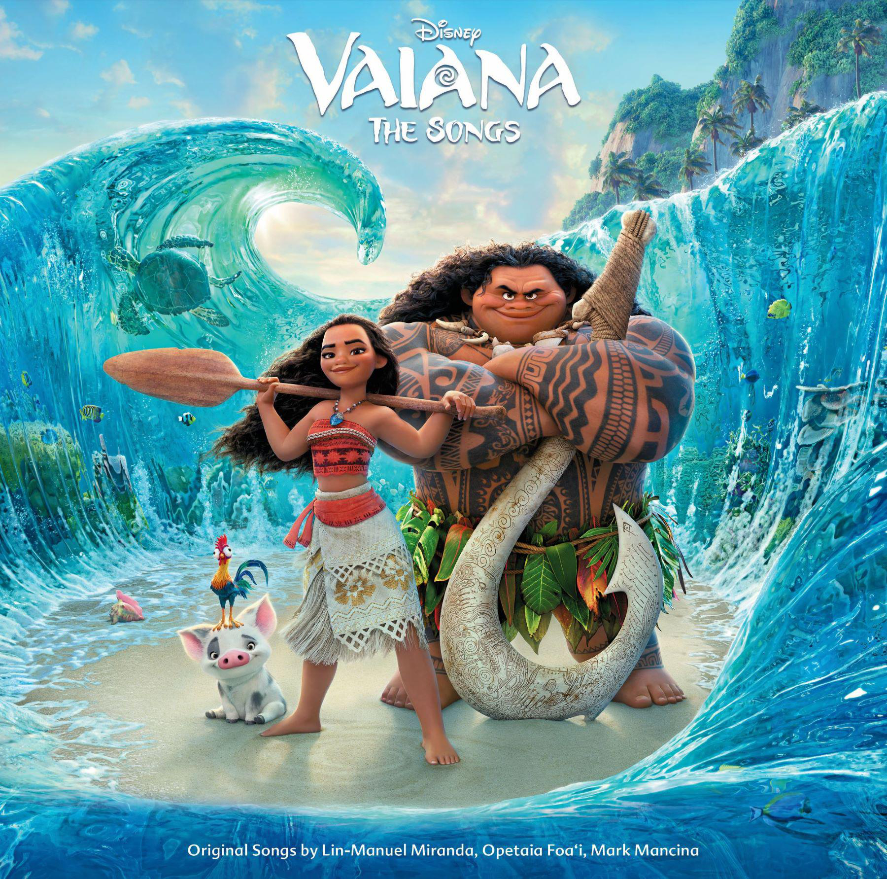 Artwork aus dem Film Vaiana, das die Charaktere Vaiana und Maui mit einer großen Welle darstellt.