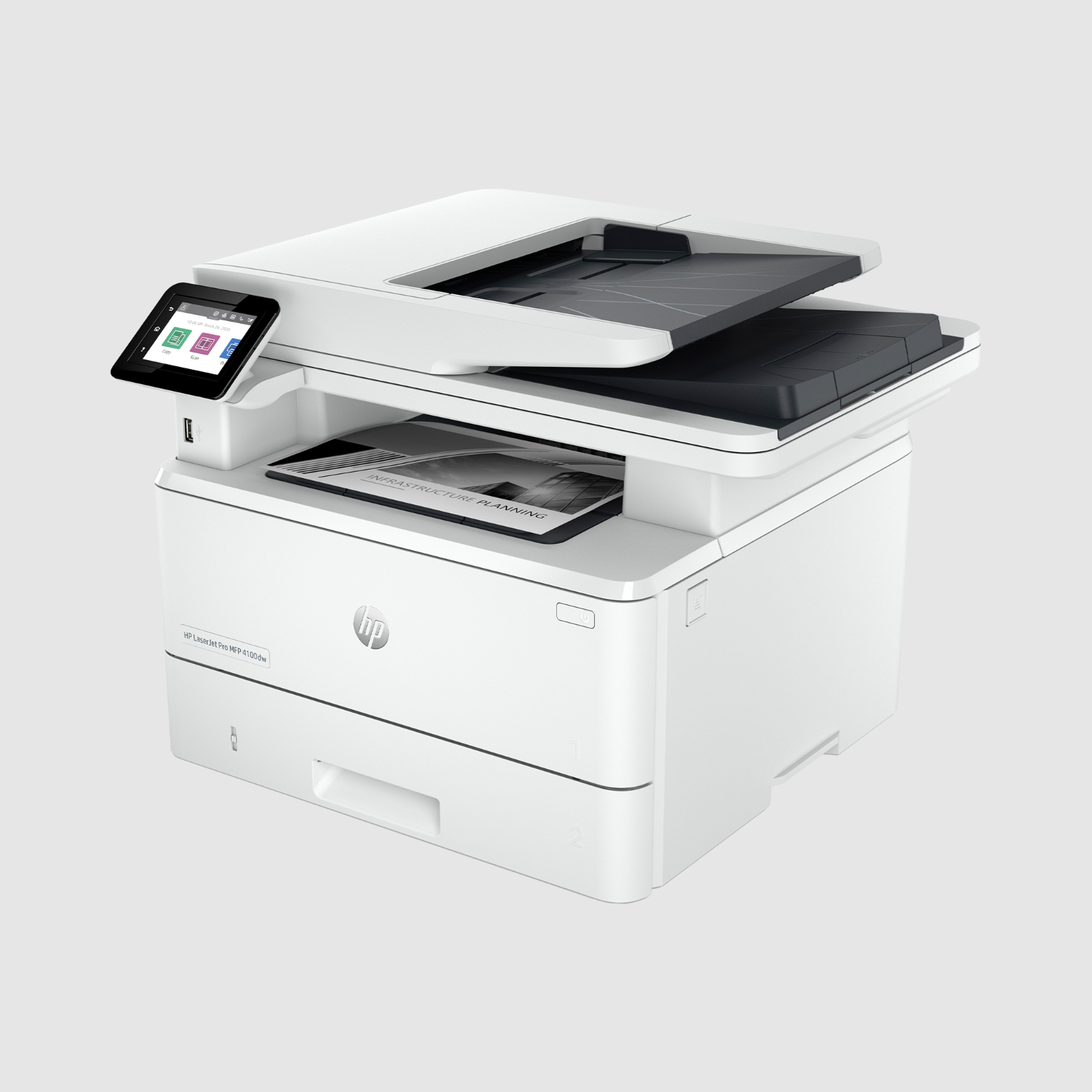 A white HP printer with a touchscreen and a document on the feeder.