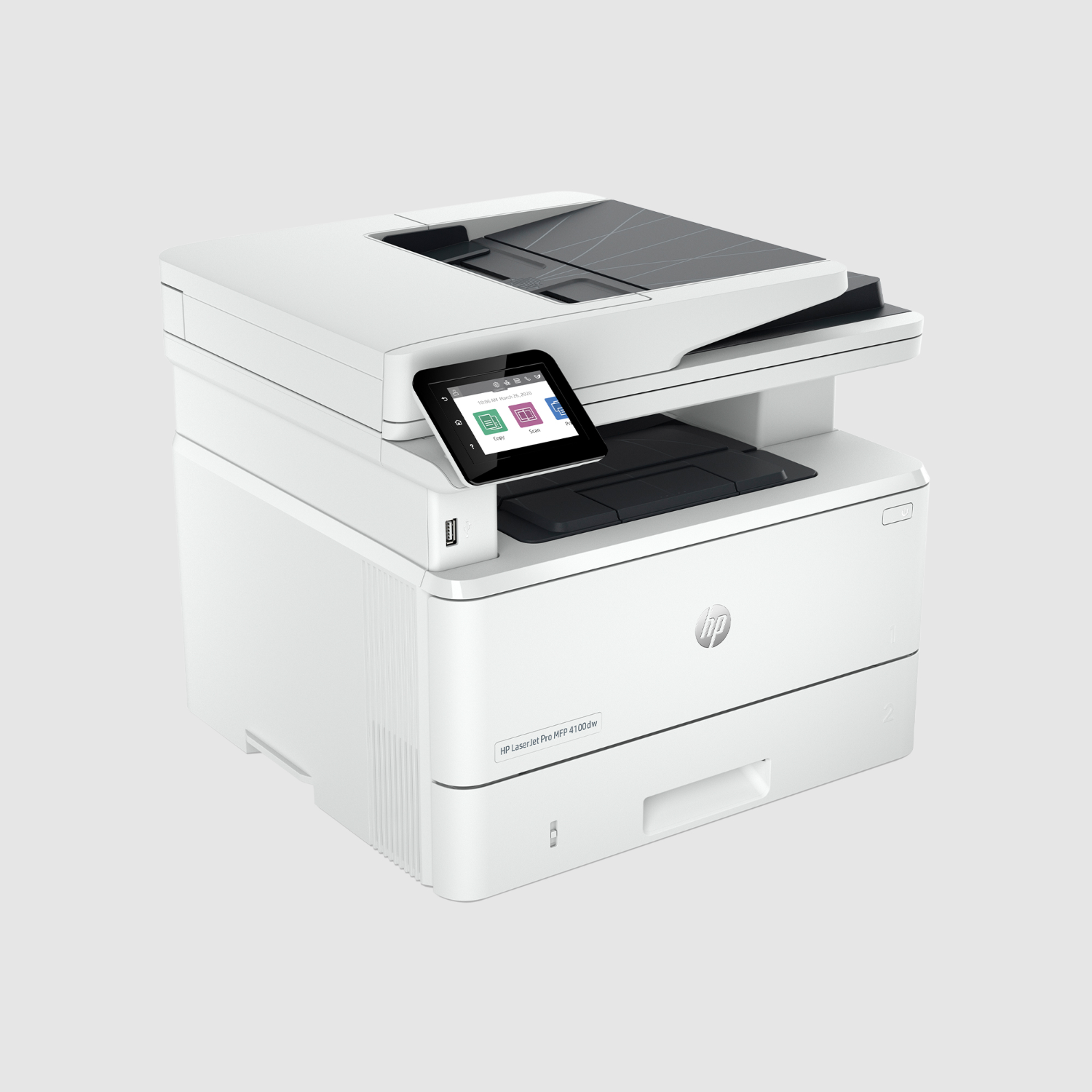 White HP printer with a touchscreen display, angled to the right. The printer sits on a light gray surface.