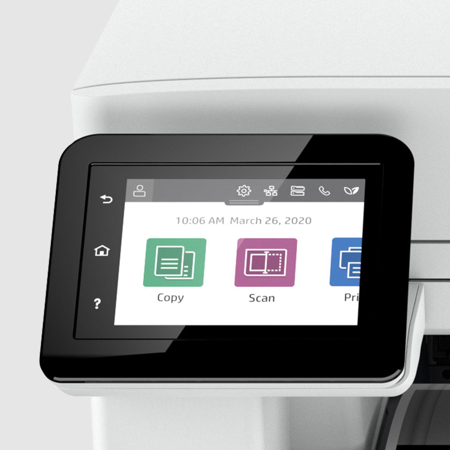 Close up of printer screen showing icons and time.