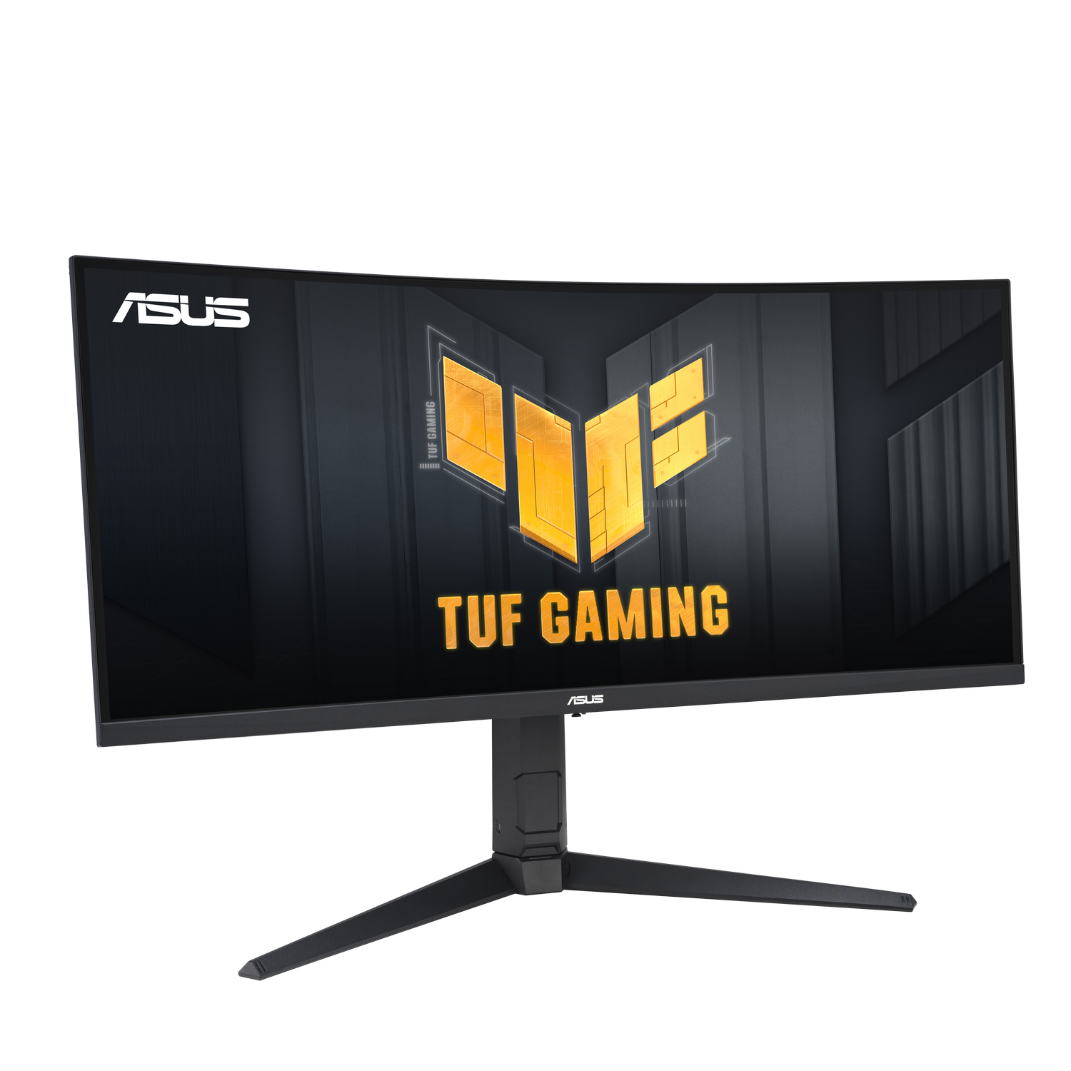 Een gebogen gamingmonitor, zwart met het ASUS TUF Gaming-logo op het scherm en de basis.