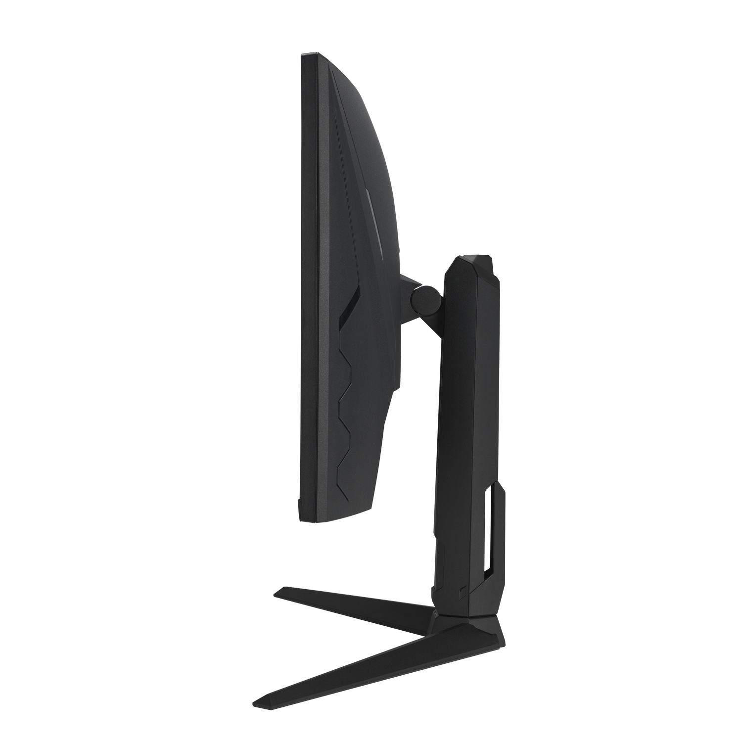 Een zwarte computermonitor, zijaanzicht, met een dunne rand en een standaard.